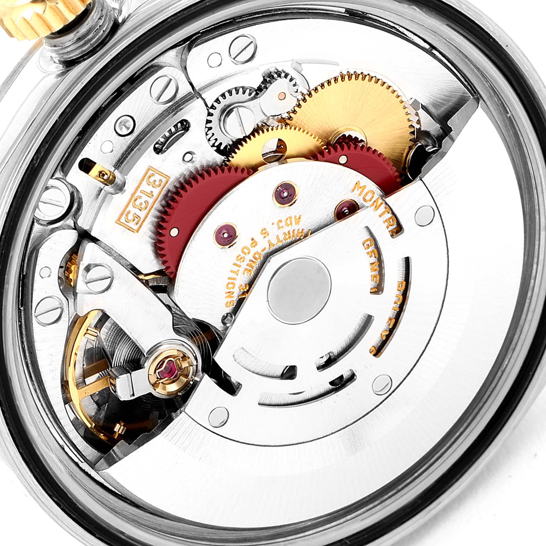 This is a close-up view of the internal mechanism of a Rolex Datejust 16233 Men
s Steel and Gold (two tone) Grey Dial 16233 Men
s Steel and Gold (two tone) Grey Dial model watch, showing its gears and movement components.