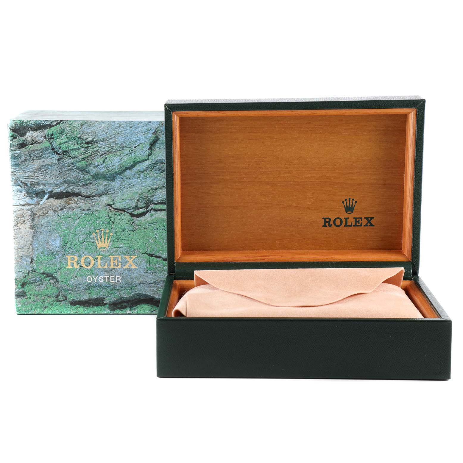 The image shows the open box and outer packaging for a Rolex Datejust 16233 Men
s Steel and Gold (two tone) Grey Dial 16233 Men
s Steel and Gold (two tone) Grey Dial watch, with the box lid lifted up.