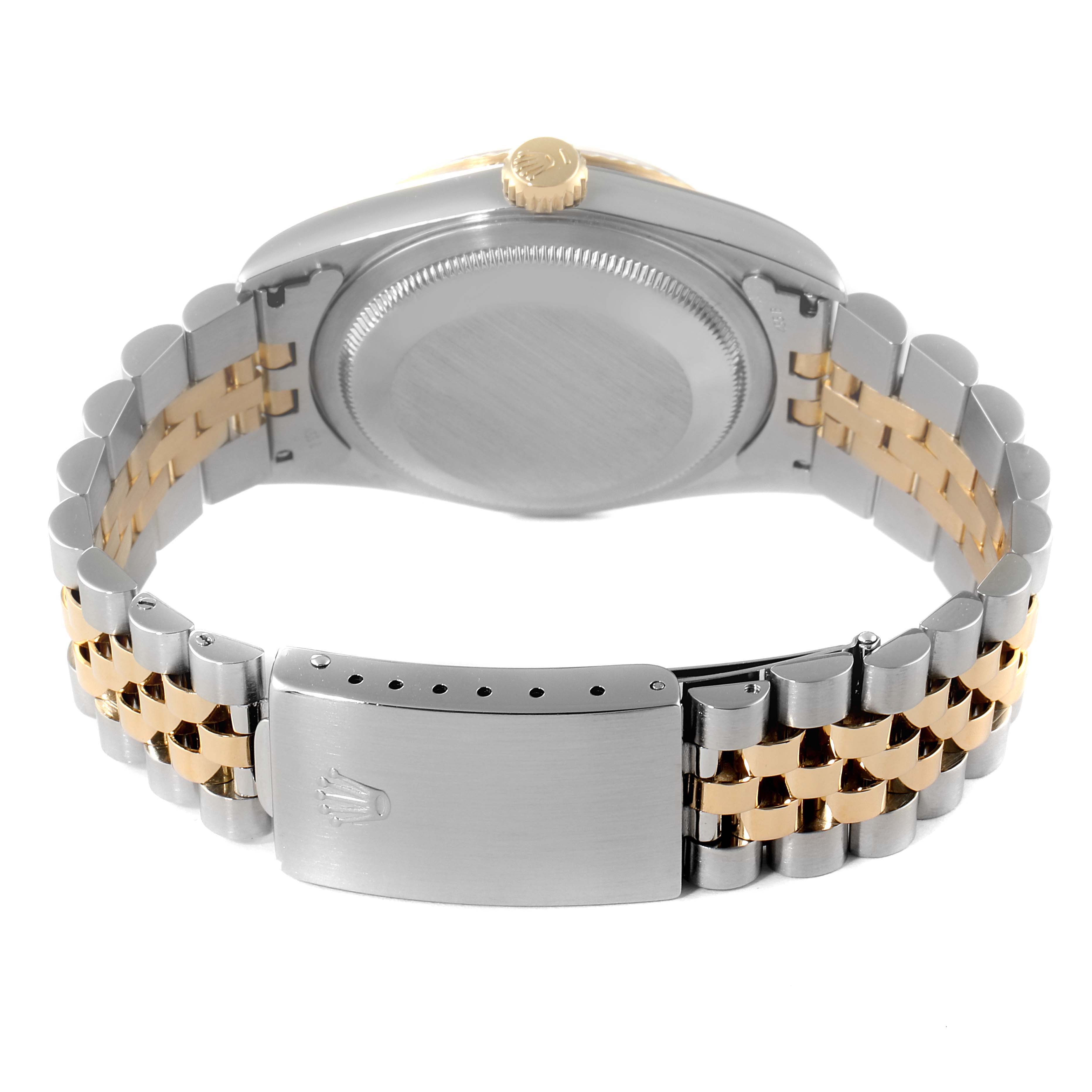 This image shows the back of a Rolex Datejust 16233 Men
s Steel and Gold (two tone) Grey Dial 16233 Men
s Steel and Gold (two tone) Grey Dial watch, including the case back, crown, and Jubilee bracelet with a clasp.