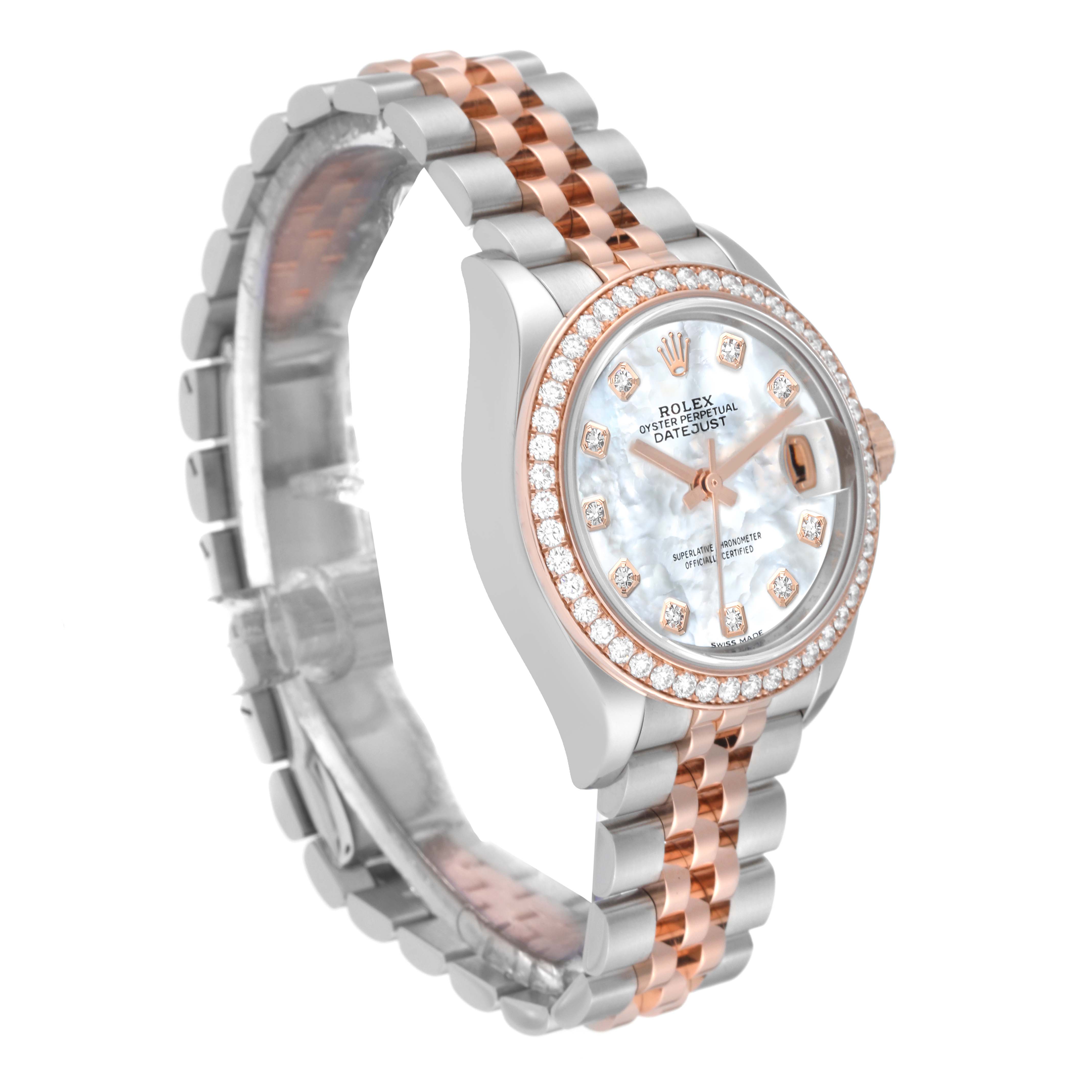 The image shows a side angle of a Rolex Datejust 279381 Women's Steel and Gold (two tone) Mother of Pearl Dial 279381 Women's Steel and Gold (two tone) Mother of Pearl Dial watch featuring a rose gold and silver bracelet, diamond bezel, and mother-of-pearl dial.
