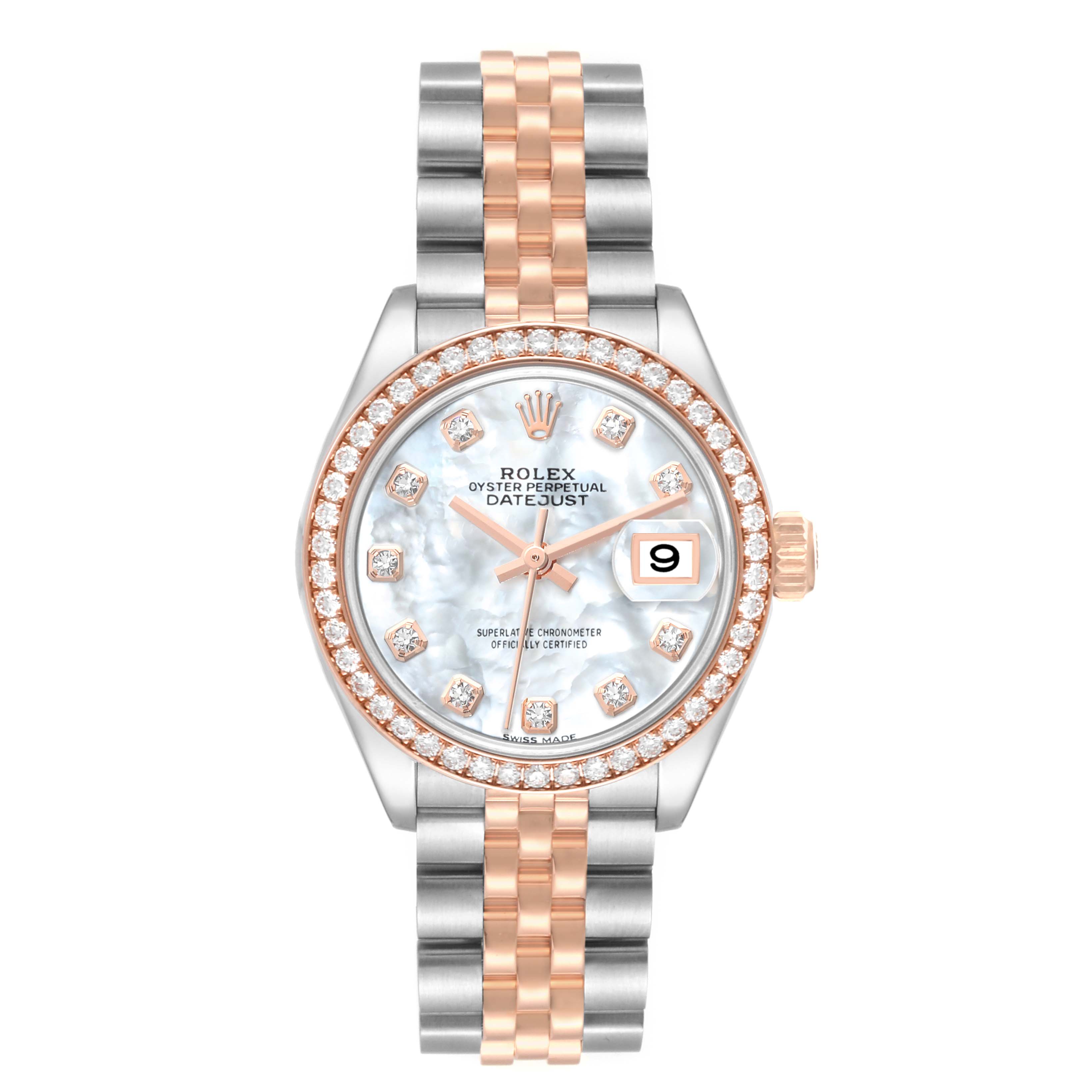 The image shows a front view of a Rolex Datejust 279381 Women's Steel and Gold (two tone) Mother of Pearl Dial 279381 Women's Steel and Gold (two tone) Mother of Pearl Dial watch, displaying its face, bezel, and bracelet.