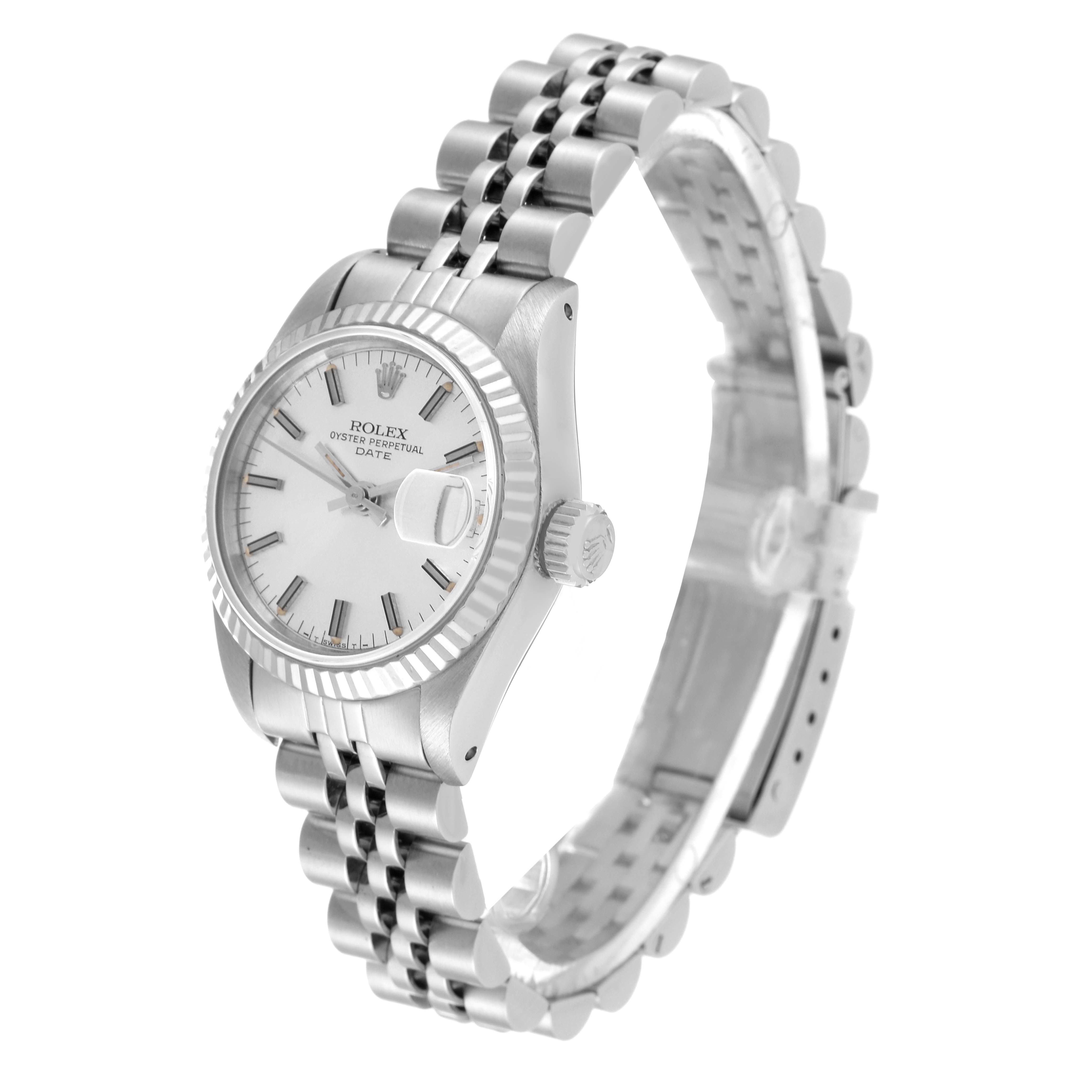 This image shows a side angle of a Rolex Date 69174 Women
s Stainless Steel Silver Dial 69174 Women
s Stainless Steel Silver Dial model, displaying the face, crown, and part of the bracelet.