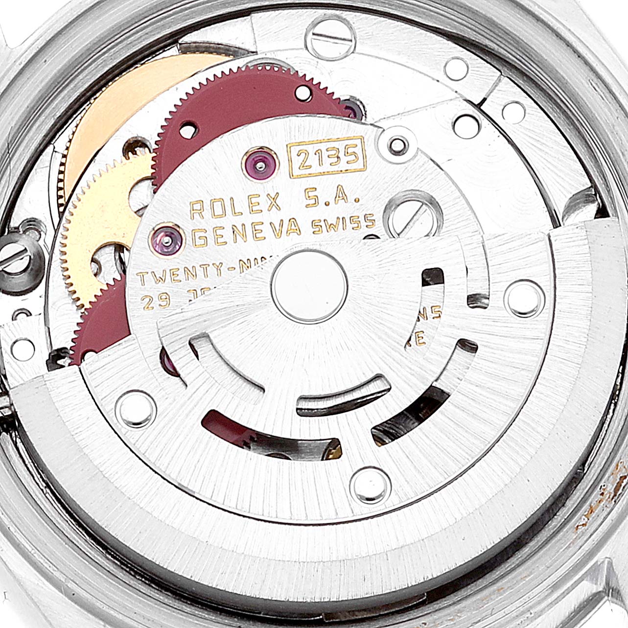 This image shows a close-up view of the intricate movement mechanism inside the Rolex Date 69174 Women
s Stainless Steel Silver Dial 69174 Women
s Stainless Steel Silver Dial model watch.