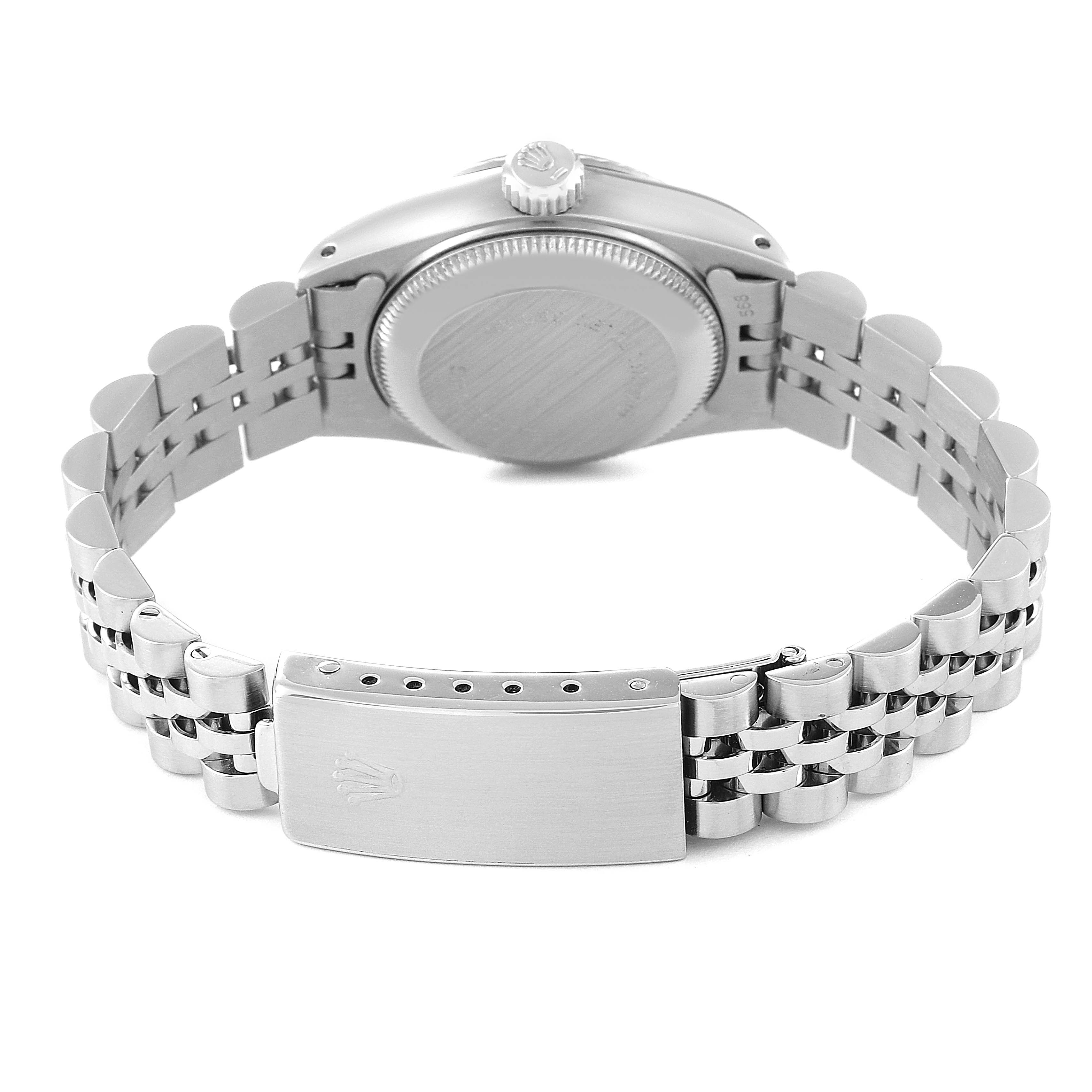 This image shows the back view of a Rolex Date 69174 Women
s Stainless Steel Silver Dial 69174 Women
s Stainless Steel Silver Dial model watch, focusing on the bracelet, clasp, and case back.