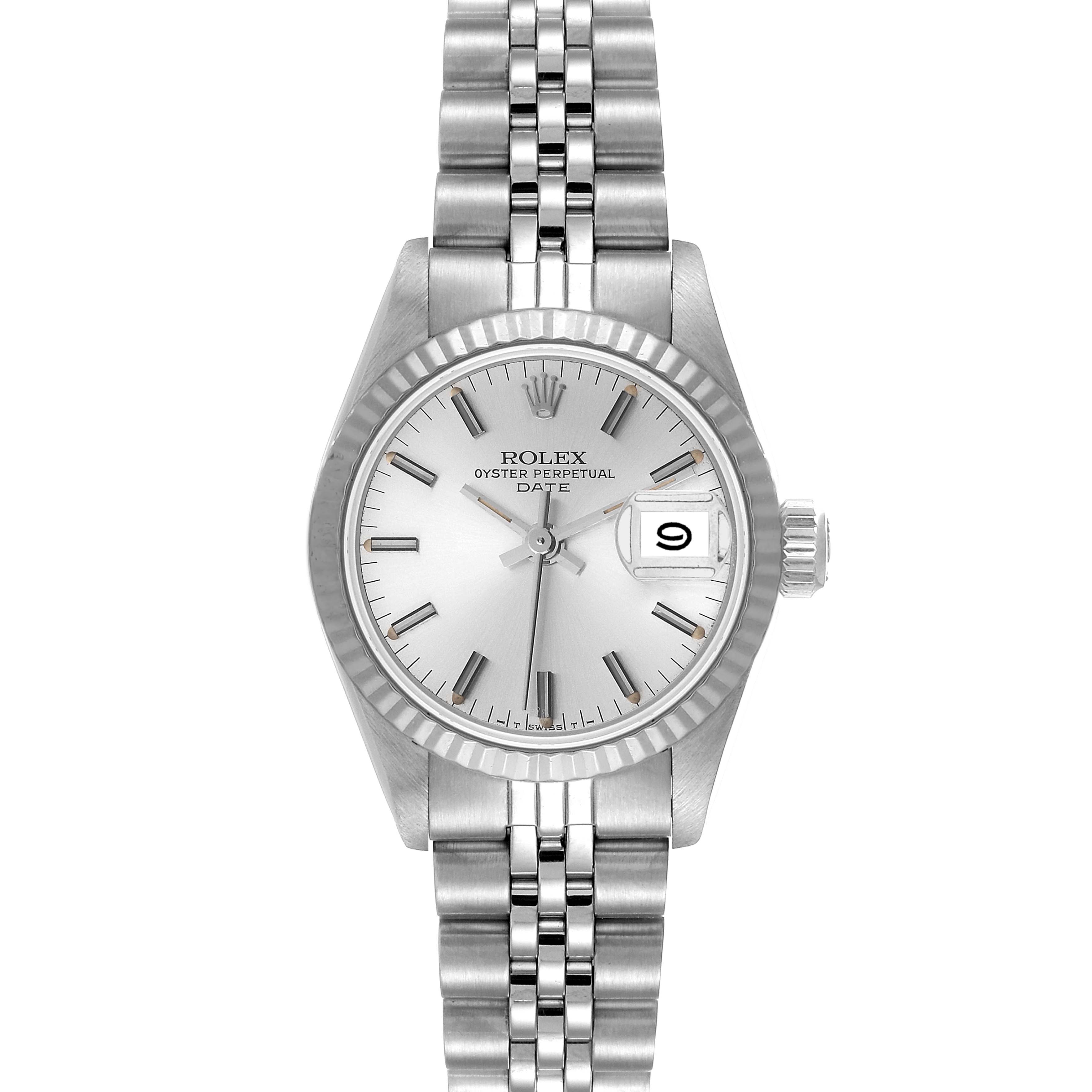 This image shows a Rolex Date 69174 Women
s Stainless Steel Silver Dial 69174 Women
s Stainless Steel Silver Dial model watch from a front view, highlighting the dial, bracelet, and date window.