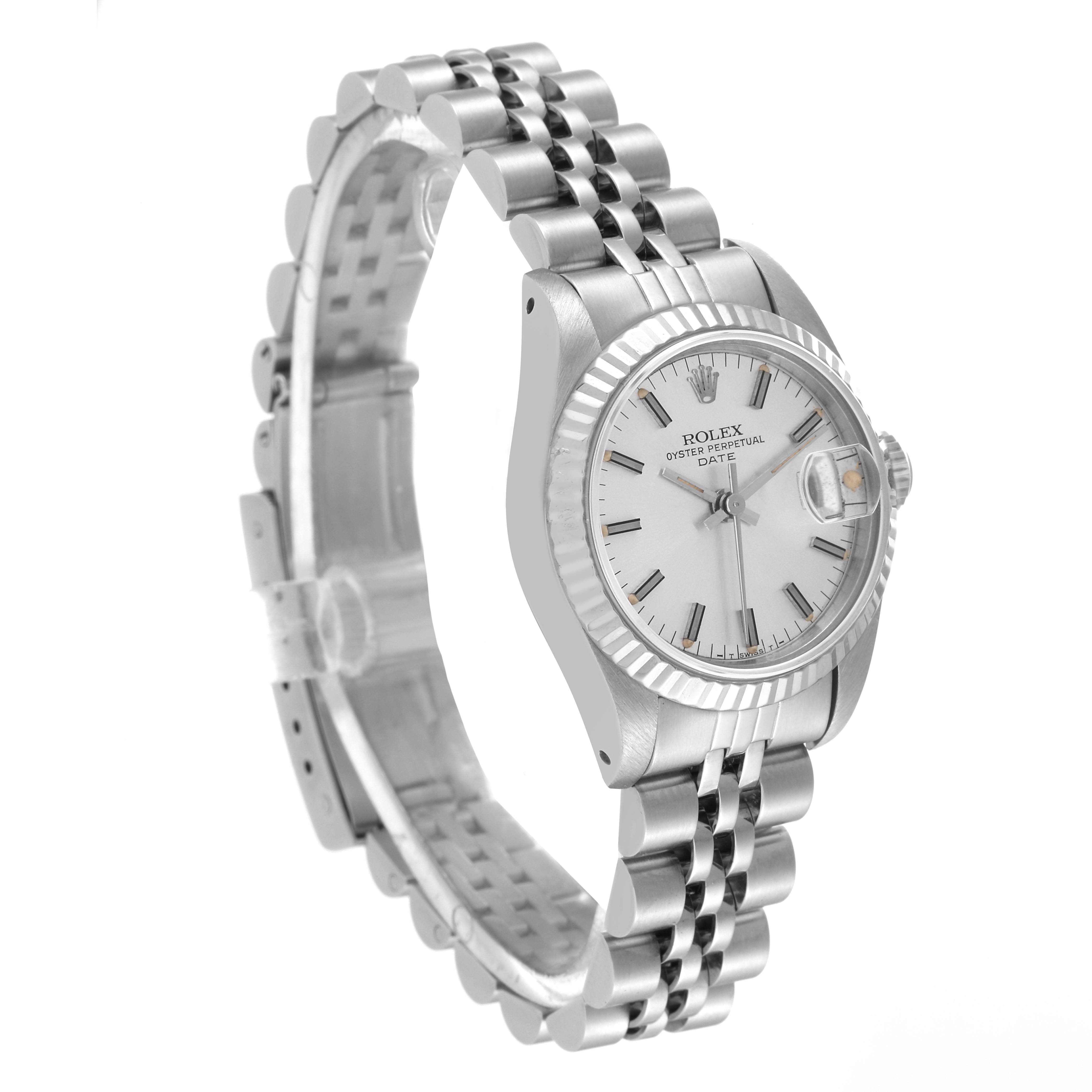 The image shows a Rolex Date 69174 Women
s Stainless Steel Silver Dial 69174 Women
s Stainless Steel Silver Dial model watch at a slight angle, highlighting the bracelet, case, dial, and date window.