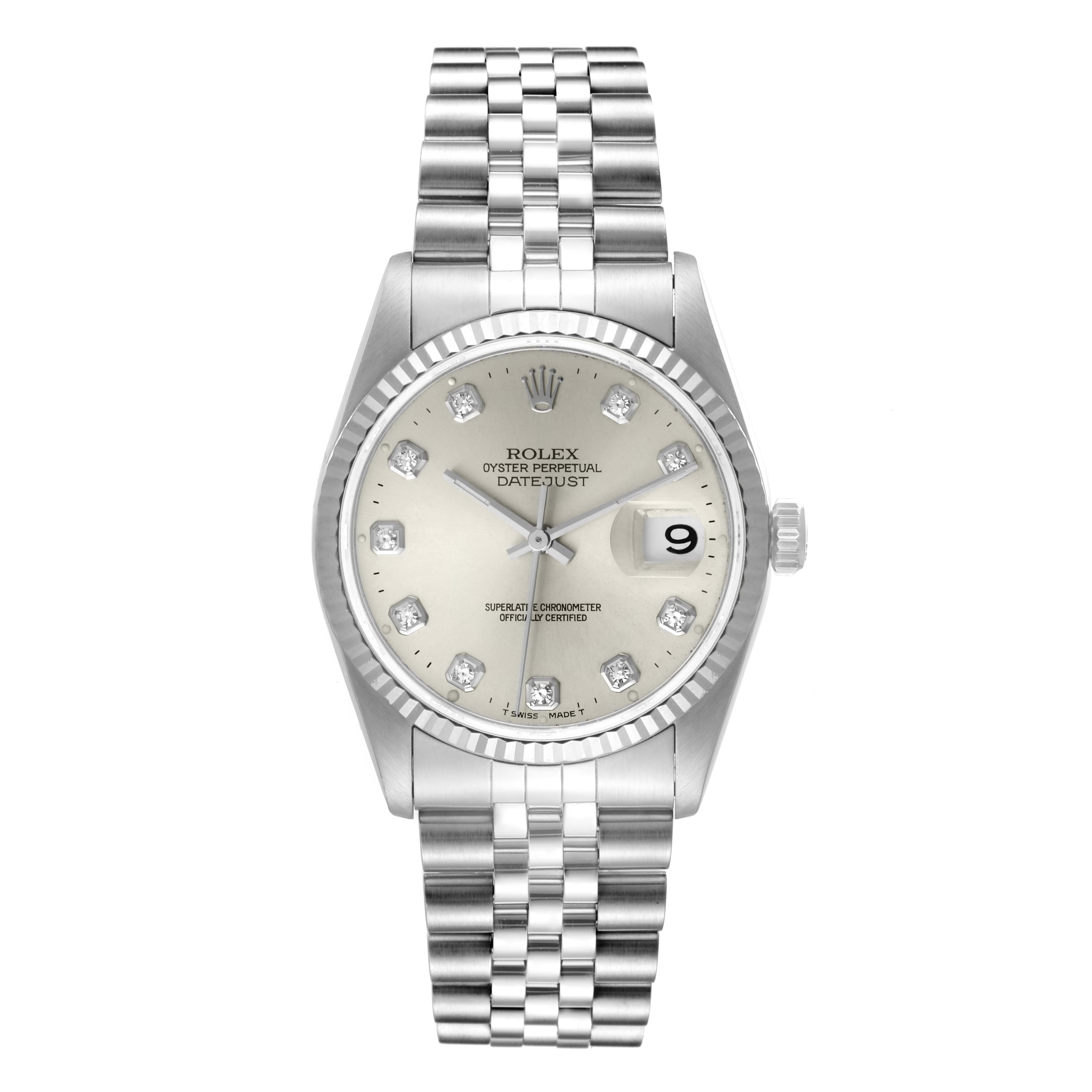 This image shows a front view of a Rolex Datejust 16234 Men's Stainless Steel Silver Dial 16234 Men's Stainless Steel Silver Dial watch, displaying the dial, bezel, and bracelet.