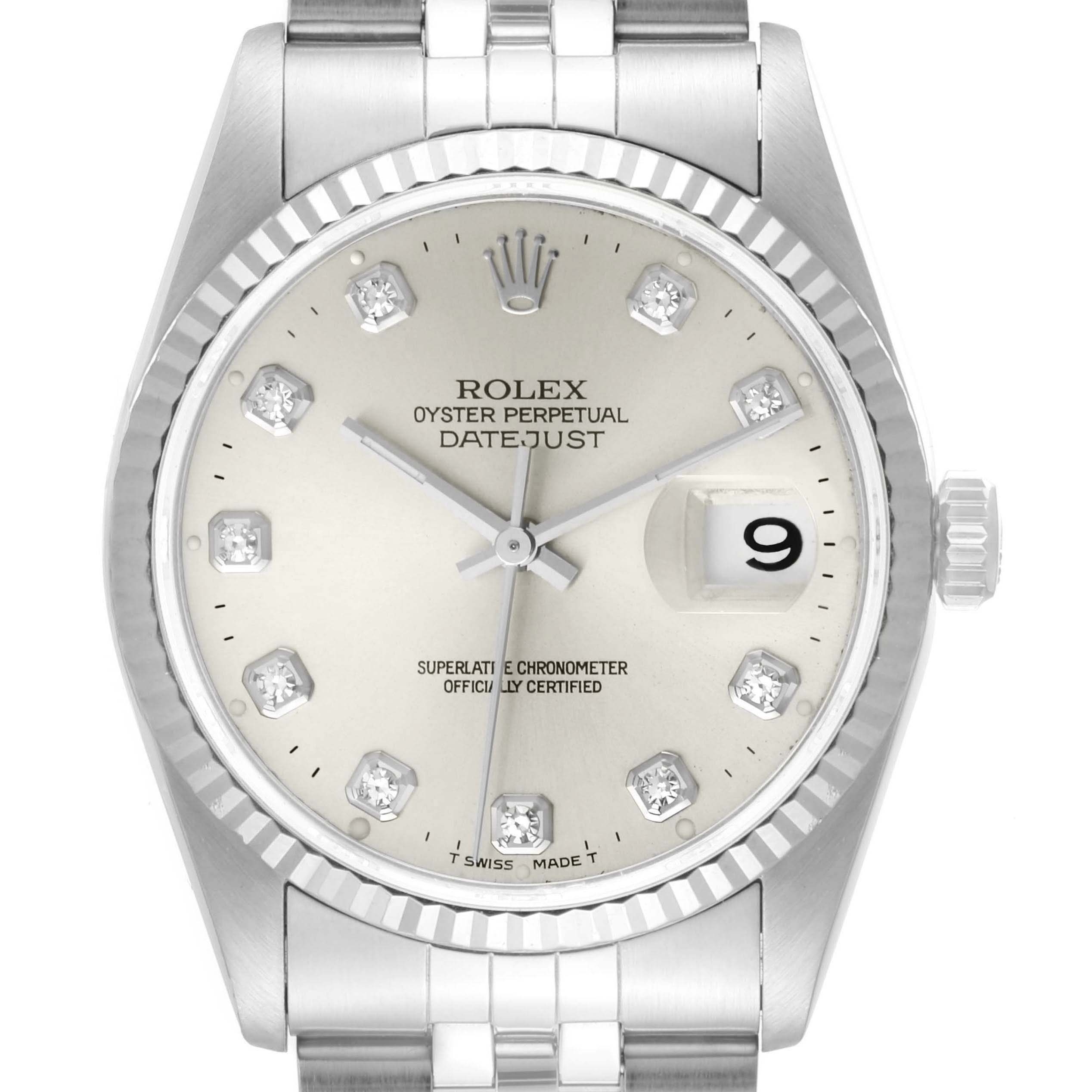The image shows a front view of a Rolex Datejust 16234 Men's Stainless Steel Silver Dial 16234 Men's Stainless Steel Silver Dial watch, displaying its face, markers, date window, and part of the bracelet.