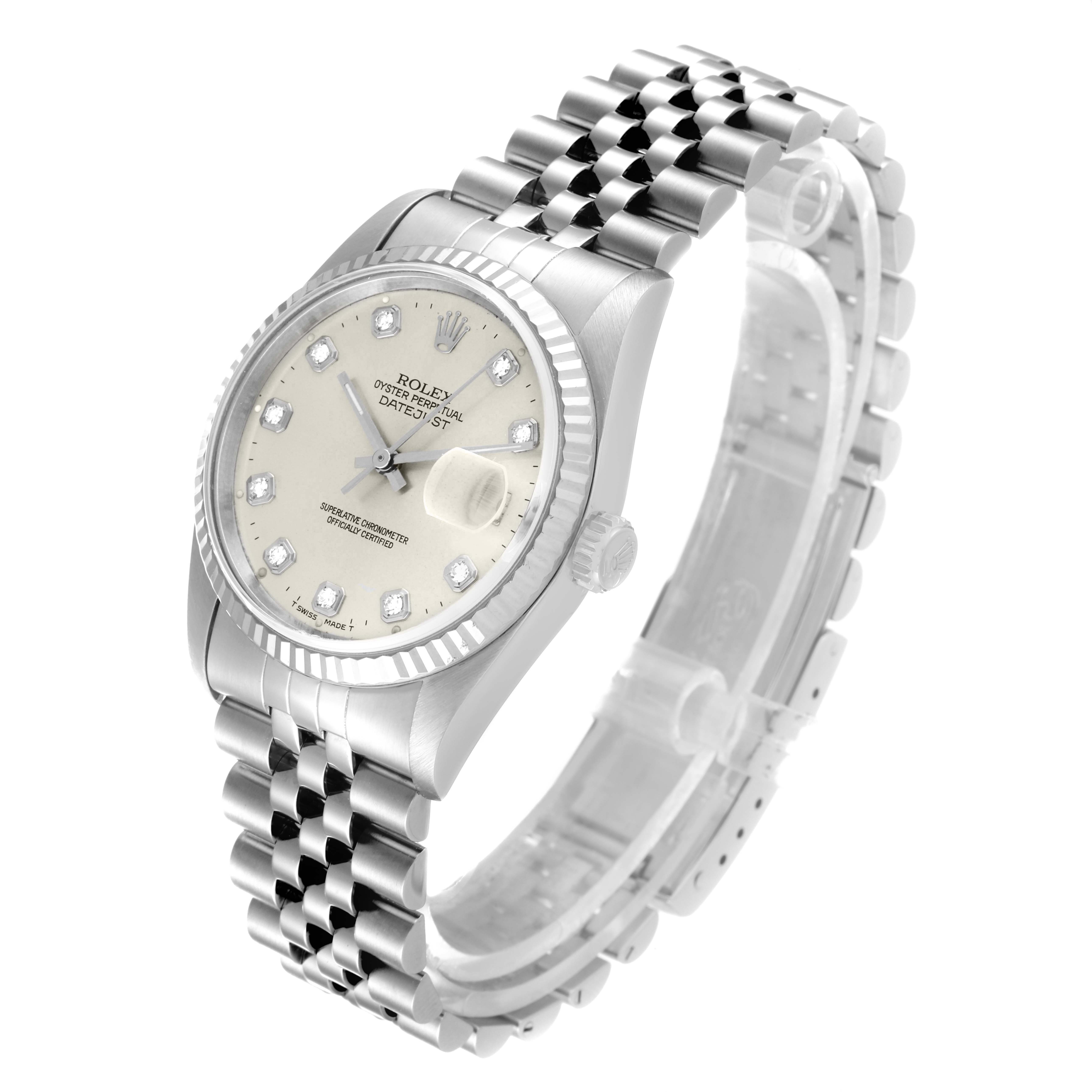 This image shows a Rolex Datejust 16234 Men's Stainless Steel Silver Dial 16234 Men's Stainless Steel Silver Dial watch at a three-quarter angle, highlighting the dial, bezel, crown, and Jubilee bracelet.