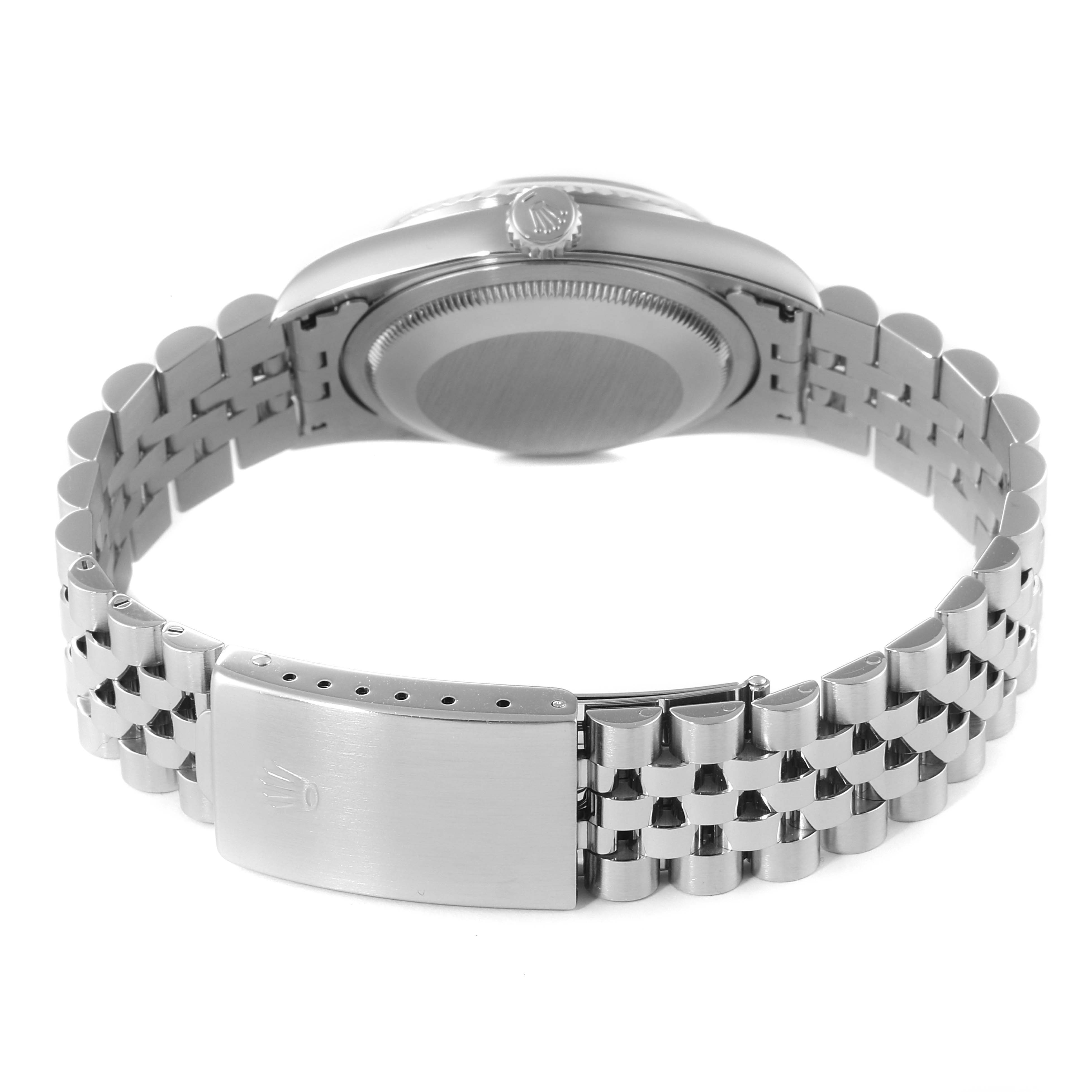 This image shows the back and bracelet clasp of a Rolex Datejust 16234 Men's Stainless Steel Silver Dial 16234 Men's Stainless Steel Silver Dial watch, with the watch in a horizontal position.