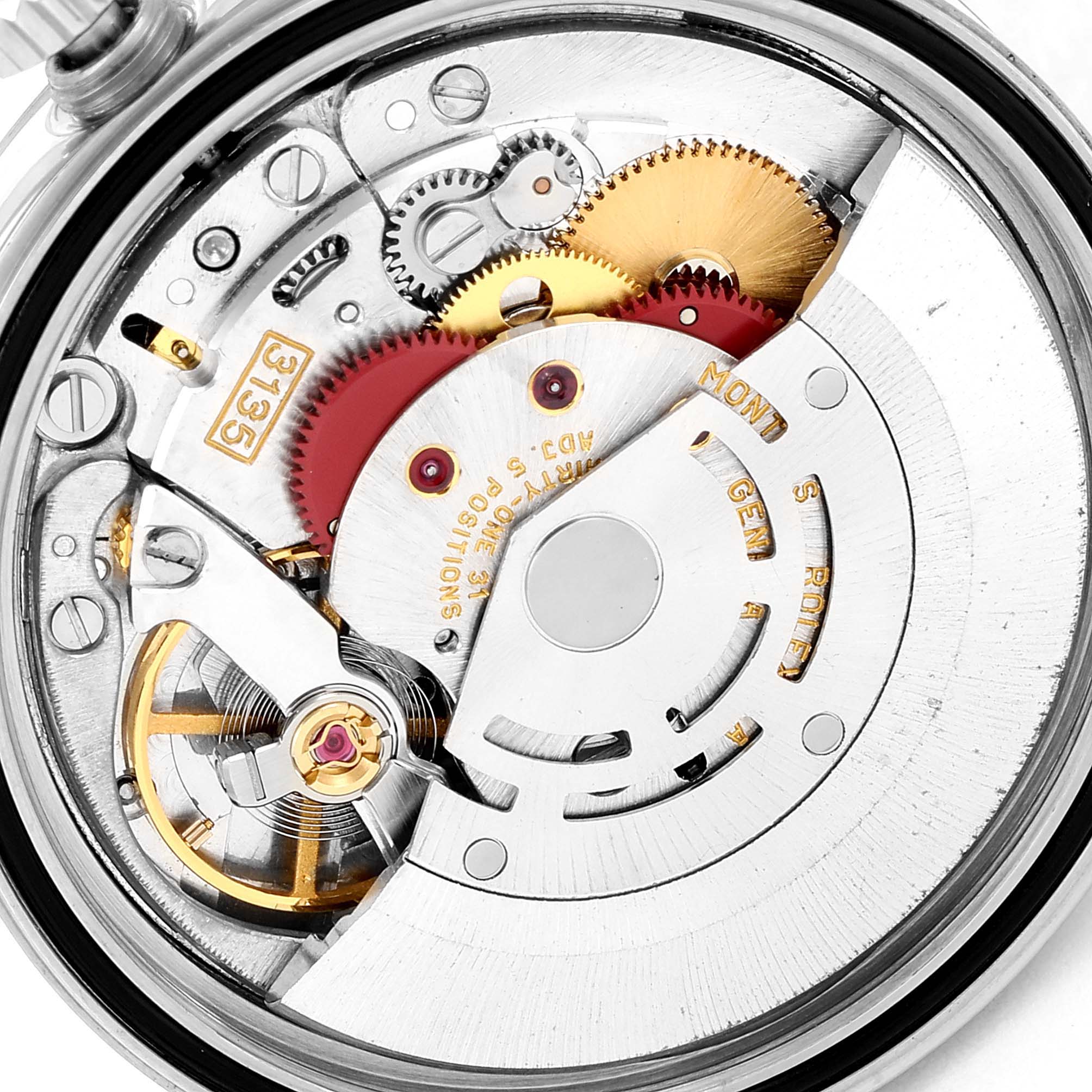 The image shows a close-up view of the internal mechanical movement of a Rolex Datejust 16234 Men's Stainless Steel Silver Dial 16234 Men's Stainless Steel Silver Dial watch.