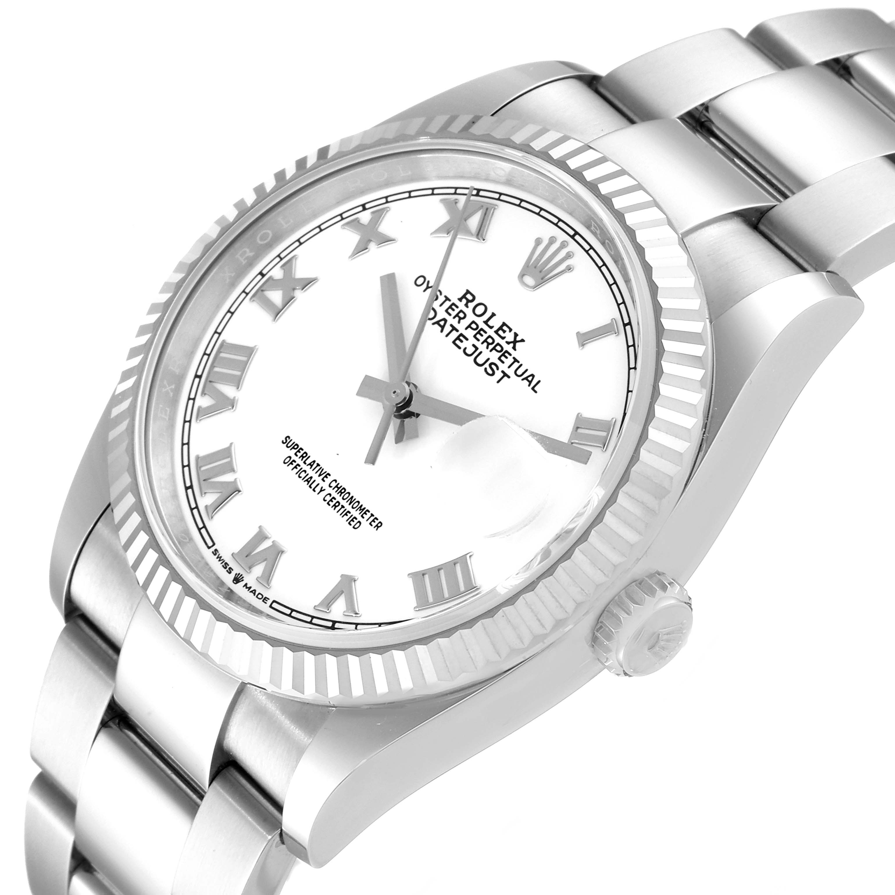 The image shows a close-up angle of the Rolex Datejust 126234 Men's Stainless Steel White Dial 126234 Men's Stainless Steel White Dial model, highlighting the dial, bezel, and part of the bracelet.