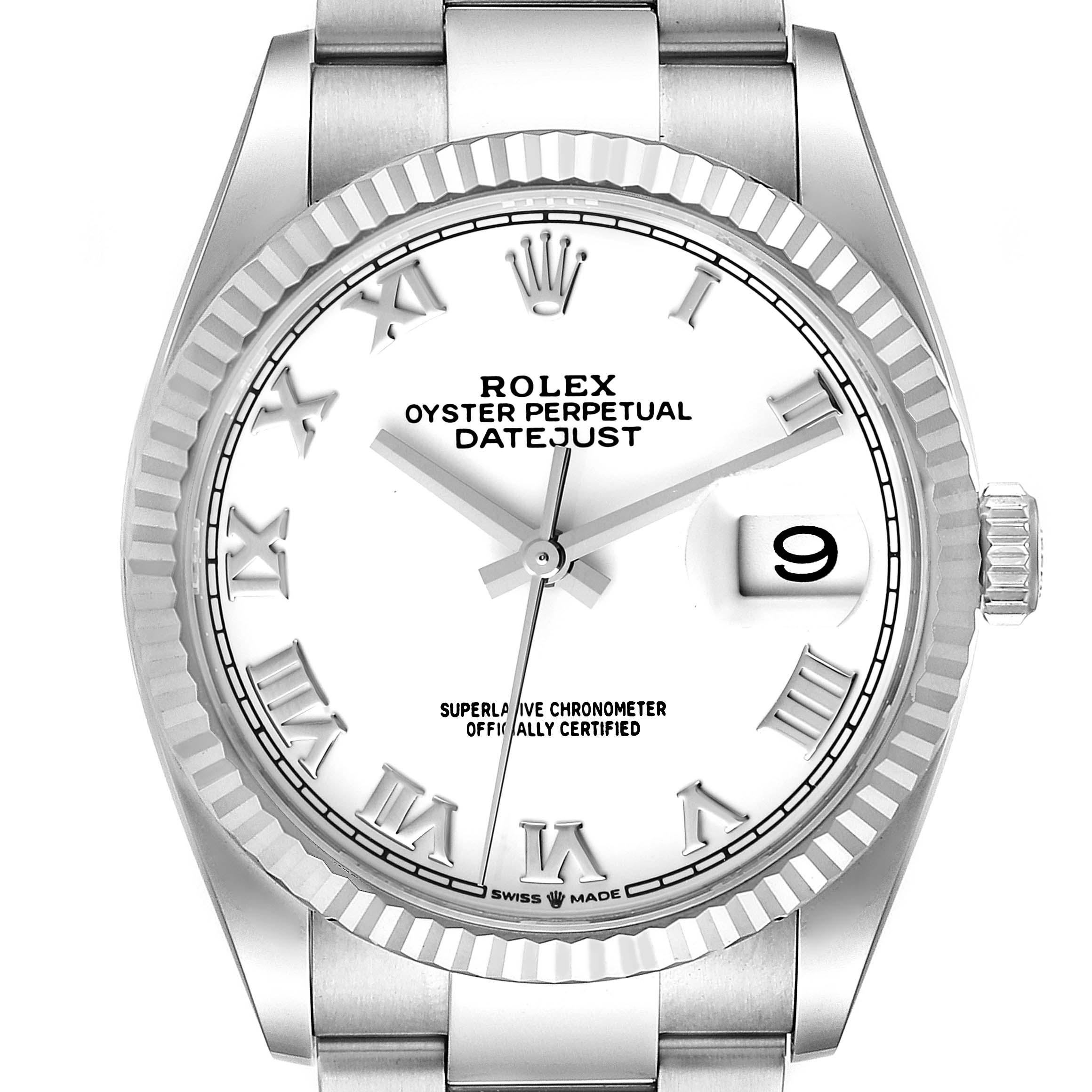 This Rolex Datejust 126234 Men's Stainless Steel White Dial 126234 Men's Stainless Steel White Dial model is shown from a front angle, highlighting its face, bezel, crown, and part of the bracelet.