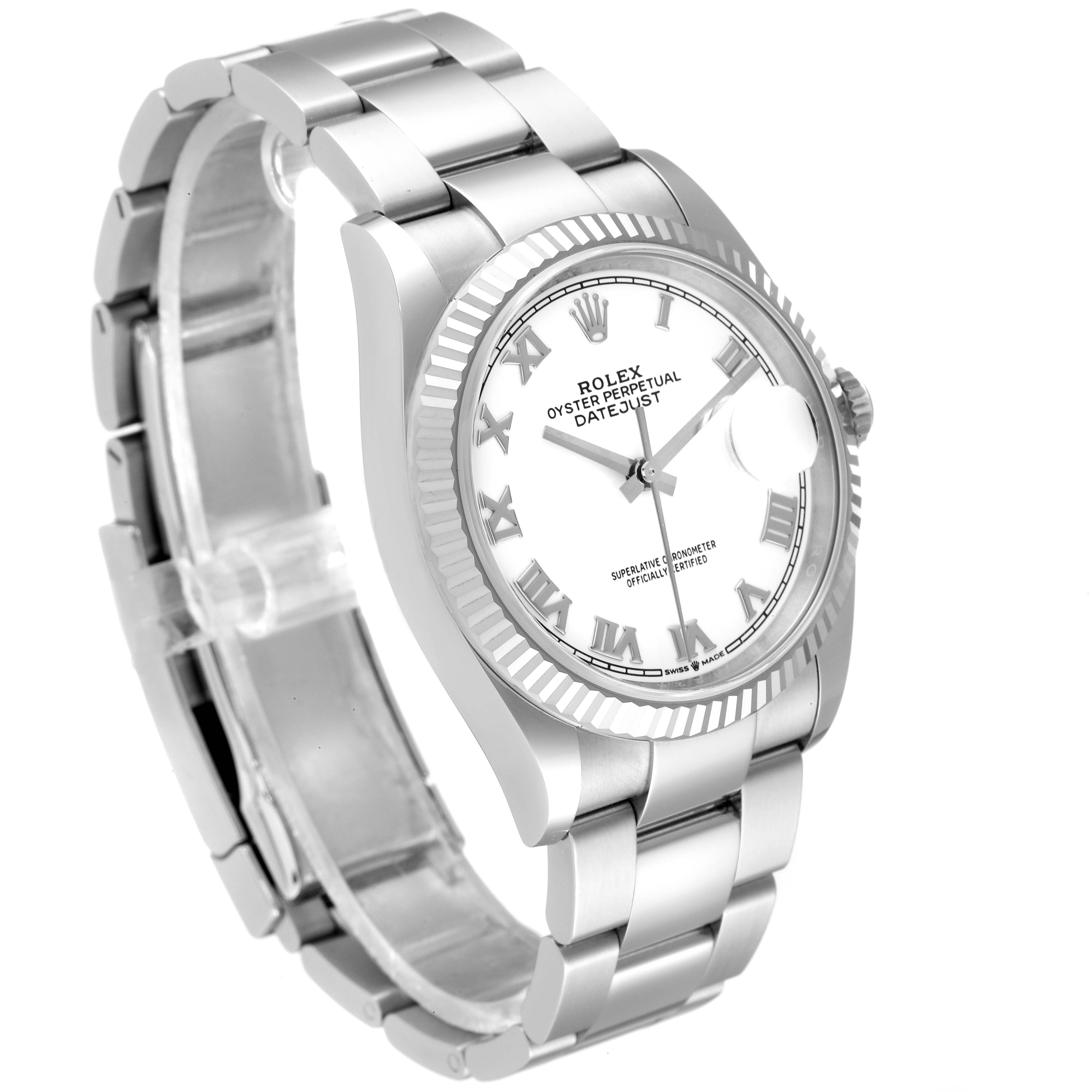The image shows a Rolex Datejust 126234 Men's Stainless Steel White Dial 126234 Men's Stainless Steel White Dial watch at a three-quarter left angle, highlighting the face, bezel, and bracelet.