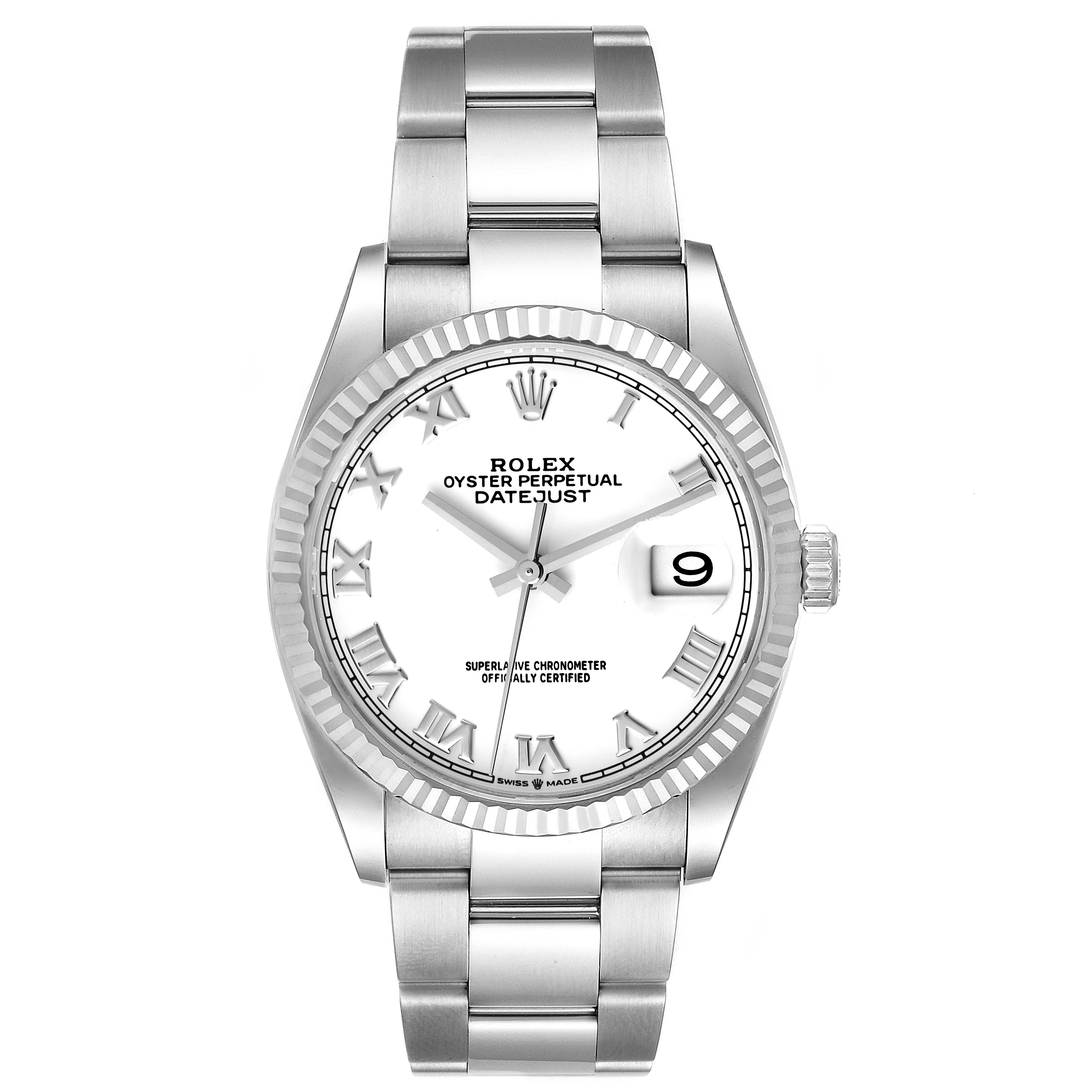 The image shows a front view of a Rolex Datejust 126234 Men's Stainless Steel White Dial 126234 Men's Stainless Steel White Dial watch, highlighting the dial, bracelet, and the date window.