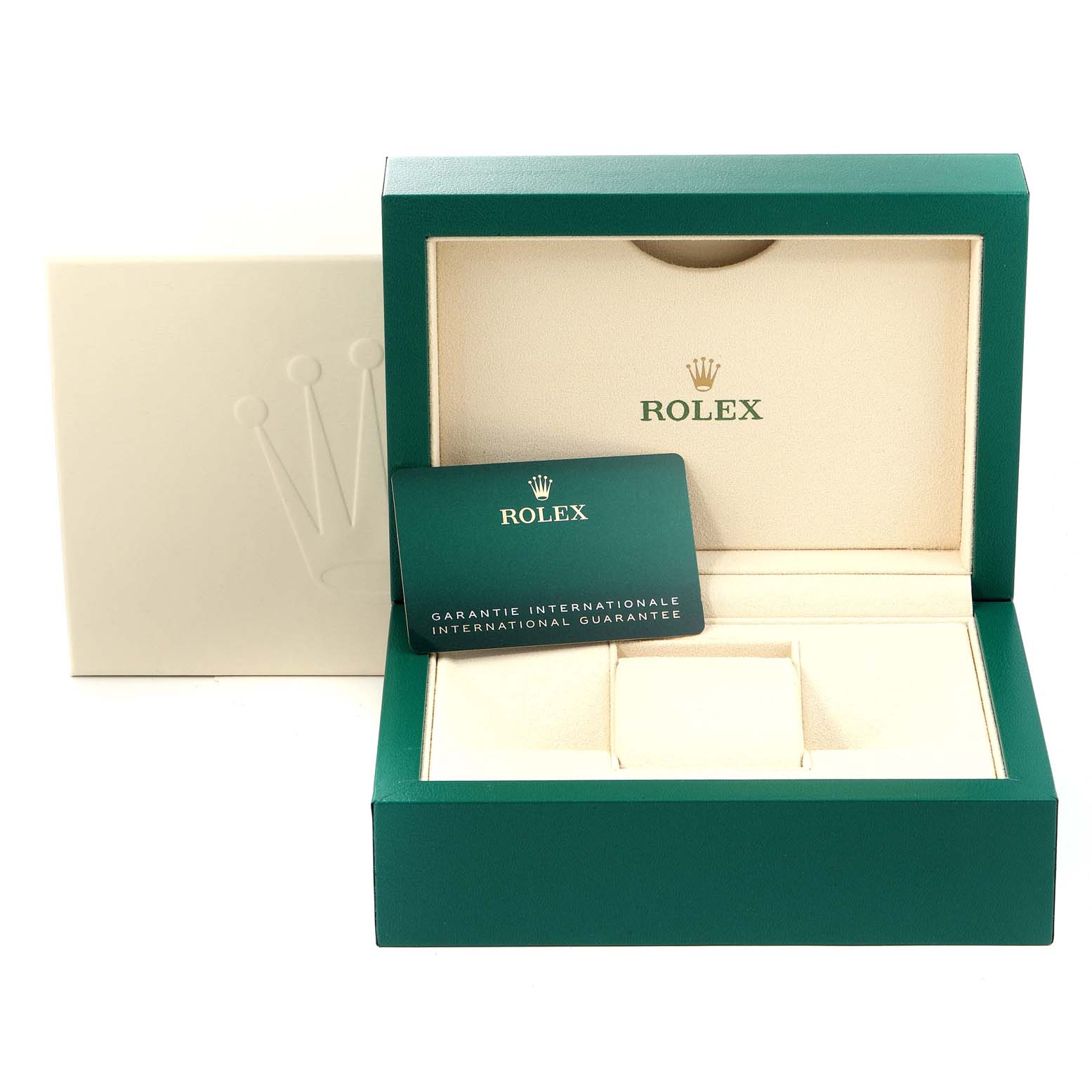 The image shows a Rolex Datejust 126234 Men's Stainless Steel White Dial 126234 Men's Stainless Steel White Dial watch box with its international guarantee card and an inner cushion.