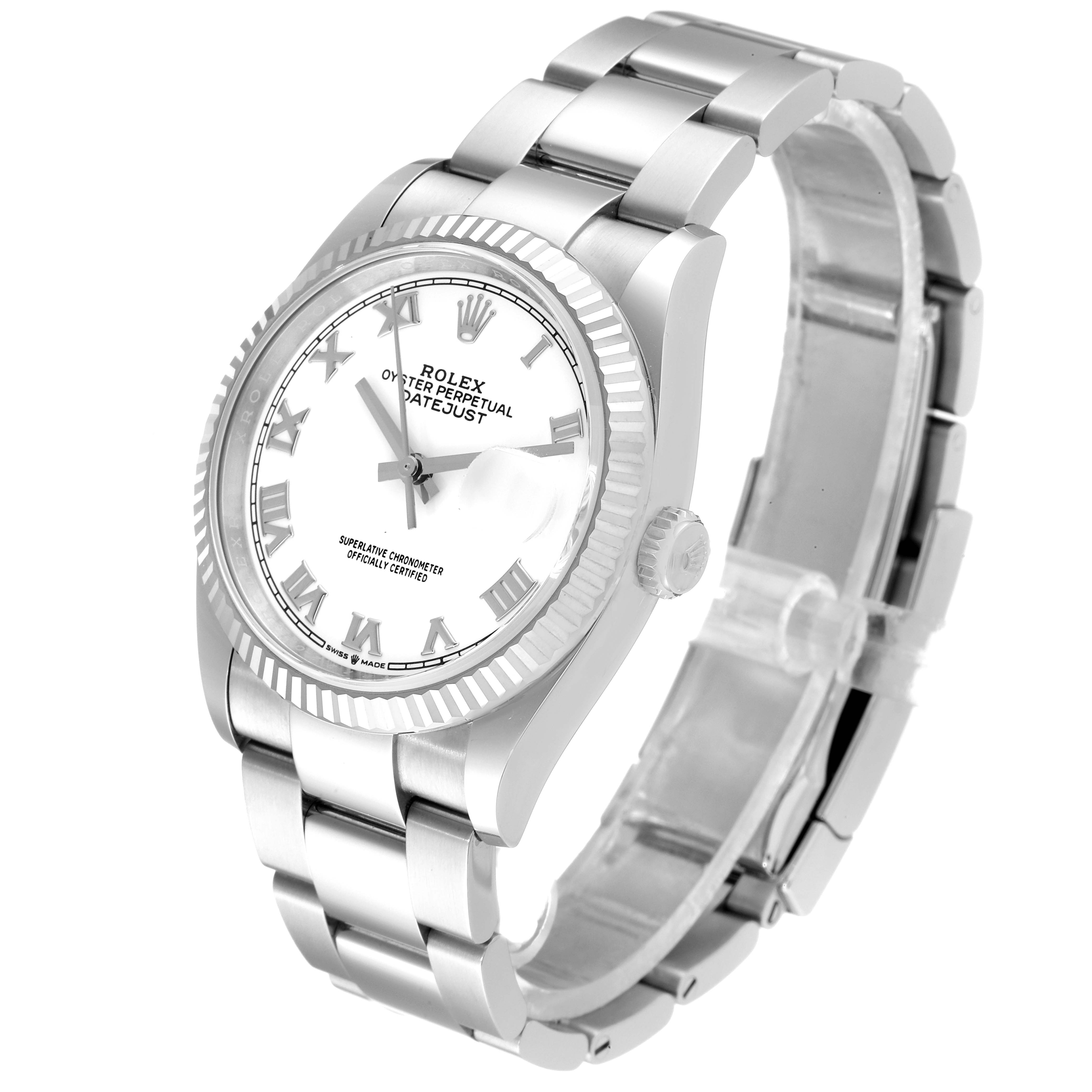 The image shows a Rolex Datejust 126234 Men's Stainless Steel White Dial 126234 Men's Stainless Steel White Dial watch at a three-quarter angle, displaying its face, bezel, and bracelet.