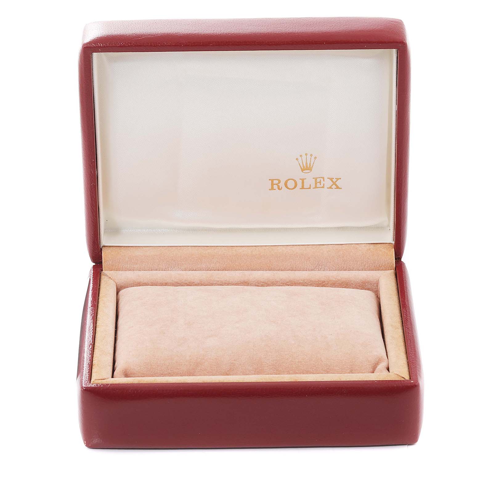 This image shows an open empty watch box for a Rolex Datejust 69173 Women's Steel and Gold (two tone) Champagne Dial 69173 Women's Steel and Gold (two tone) Champagne Dial model, with the Rolex logo on the inside lid.