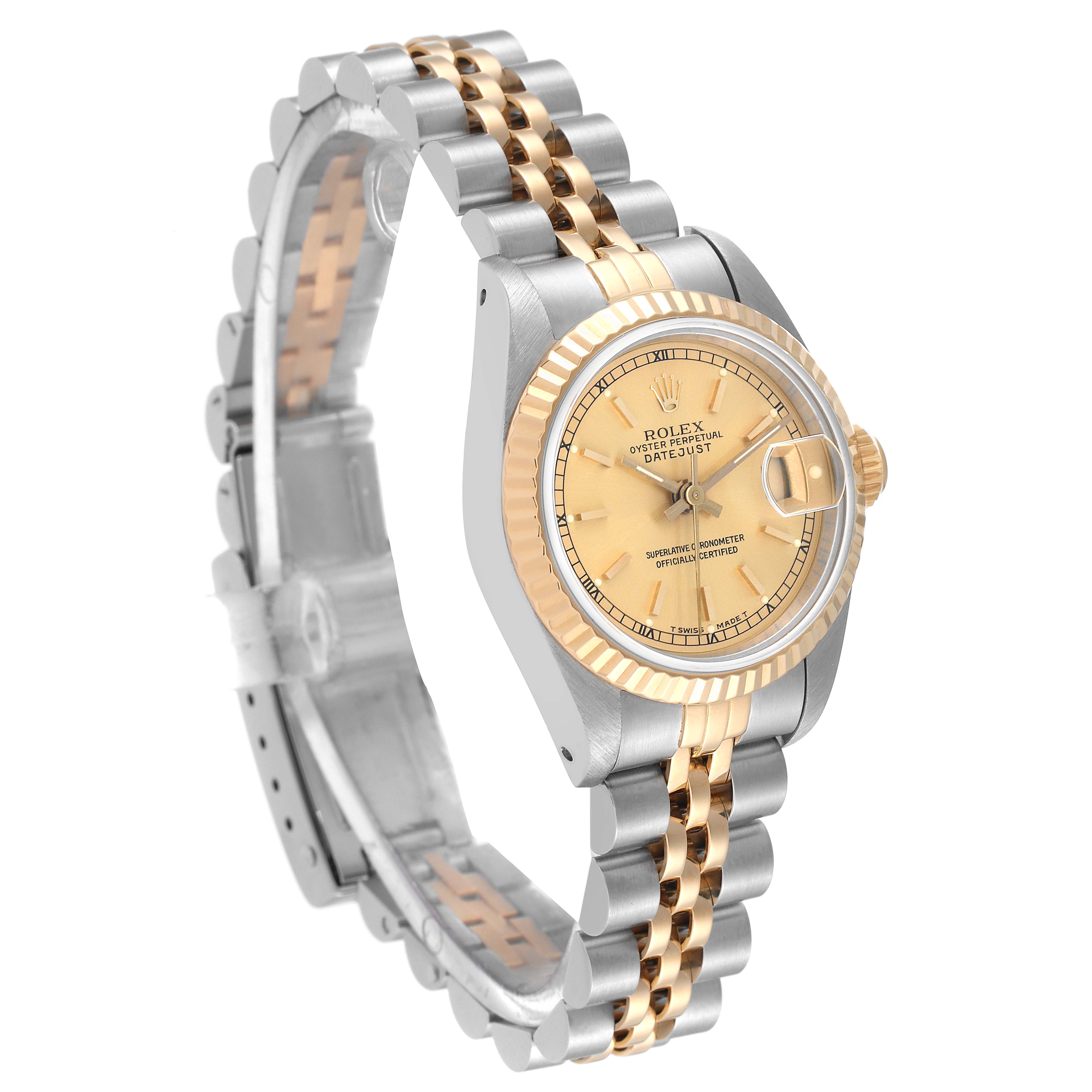 The image shows a Rolex Datejust 69173 Women's Steel and Gold (two tone) Champagne Dial 69173 Women's Steel and Gold (two tone) Champagne Dial watch from a front angle, highlighting its two-tone bracelet and champagne dial.