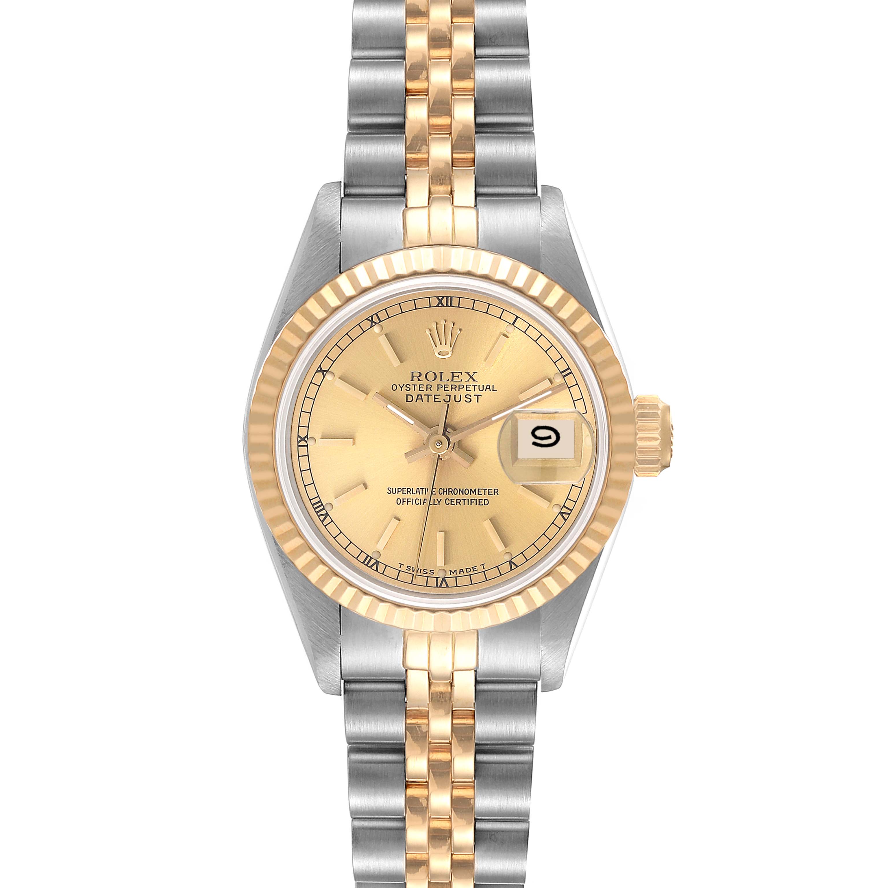This Rolex Datejust 69173 Women's Steel and Gold (two tone) Champagne Dial 69173 Women's Steel and Gold (two tone) Champagne Dial model is shown from the front, displaying the face, bezel, and two-tone bracelet.
