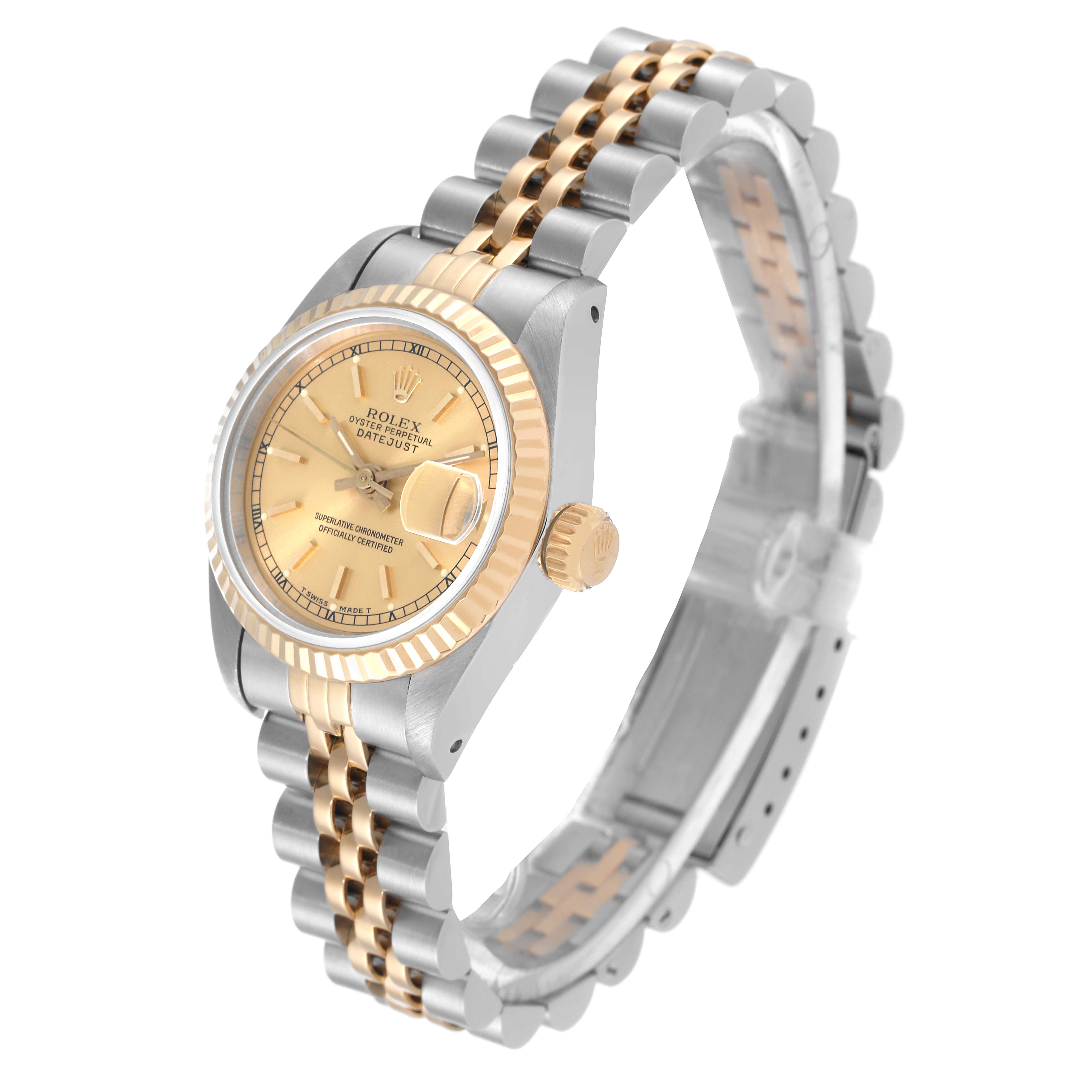 The Rolex Datejust 69173 Women's Steel and Gold (two tone) Champagne Dial 69173 Women's Steel and Gold (two tone) Champagne Dial model watch is shown at a slight angle, displaying the dial, bezel, crown, and two-tone bracelet.