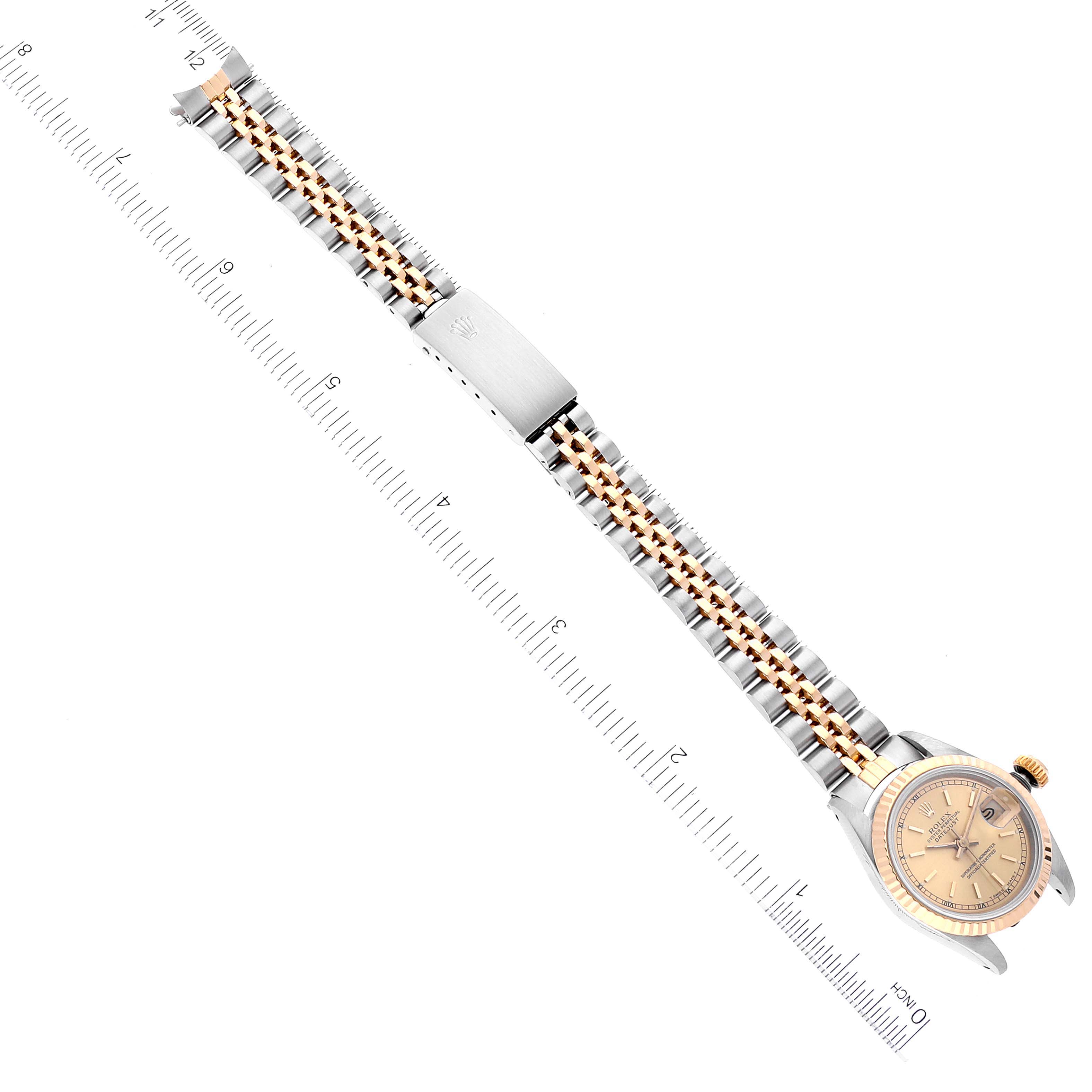 The image shows a Rolex Datejust 69173 Women's Steel and Gold (two tone) Champagne Dial 69173 Women's Steel and Gold (two tone) Champagne Dial watch laid flat with its bracelet extended, revealing the clasp and links.