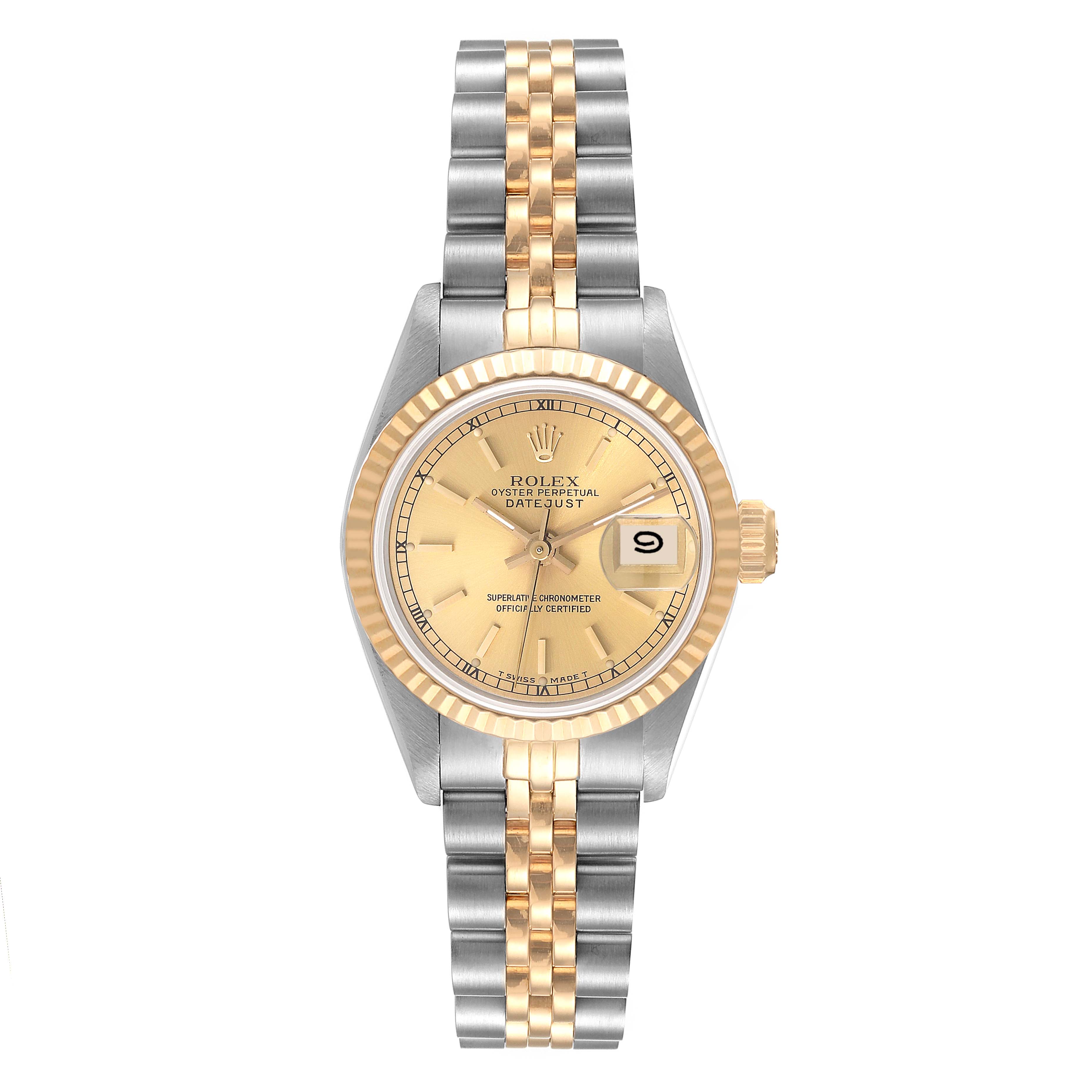 This image shows a Rolex Datejust 69173 Women's Steel and Gold (two tone) Champagne Dial 69173 Women's Steel and Gold (two tone) Champagne Dial watch from a straight-on angle, displaying the face, bezel, crown, and bracelet.