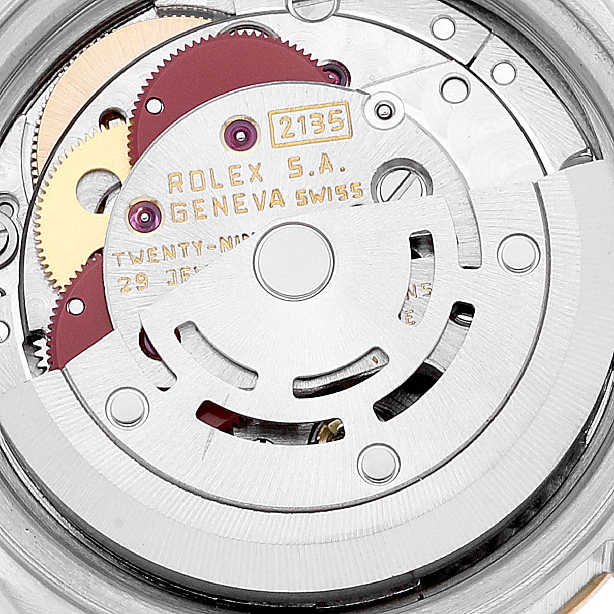 The image shows the internal mechanical movement of a Rolex Datejust 69173 Women's Steel and Gold (two tone) Champagne Dial 69173 Women's Steel and Gold (two tone) Champagne Dial watch, focusing on the rotor and gear components.