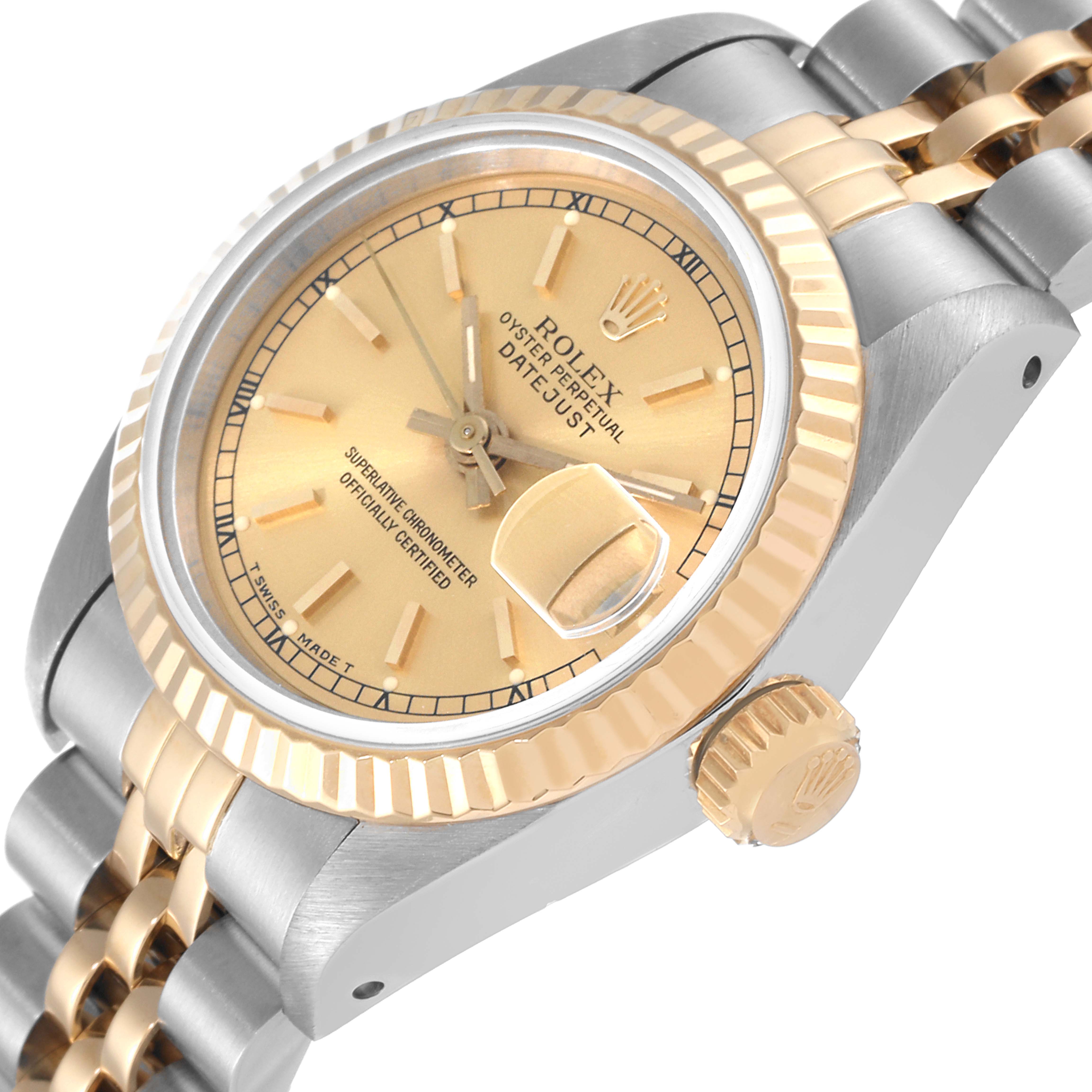The image shows a close-up, angled view of a Rolex Datejust 69173 Women's Steel and Gold (two tone) Champagne Dial 69173 Women's Steel and Gold (two tone) Champagne Dial watch, highlighting the dial, bezel, and part of the bracelet.
