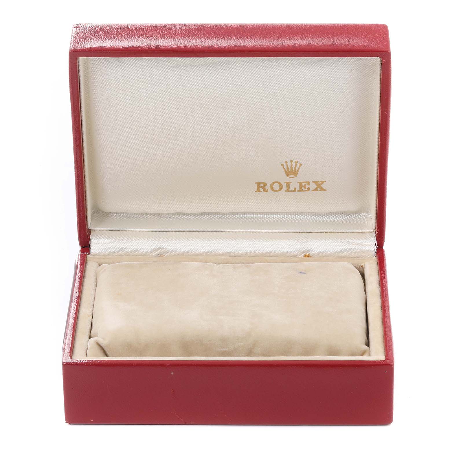 The image shows an open red watch box for a Rolex Datejust 69173 Women's Steel and Gold (two tone) Champagne Dial 69173 Women's Steel and Gold (two tone) Champagne Dial model.