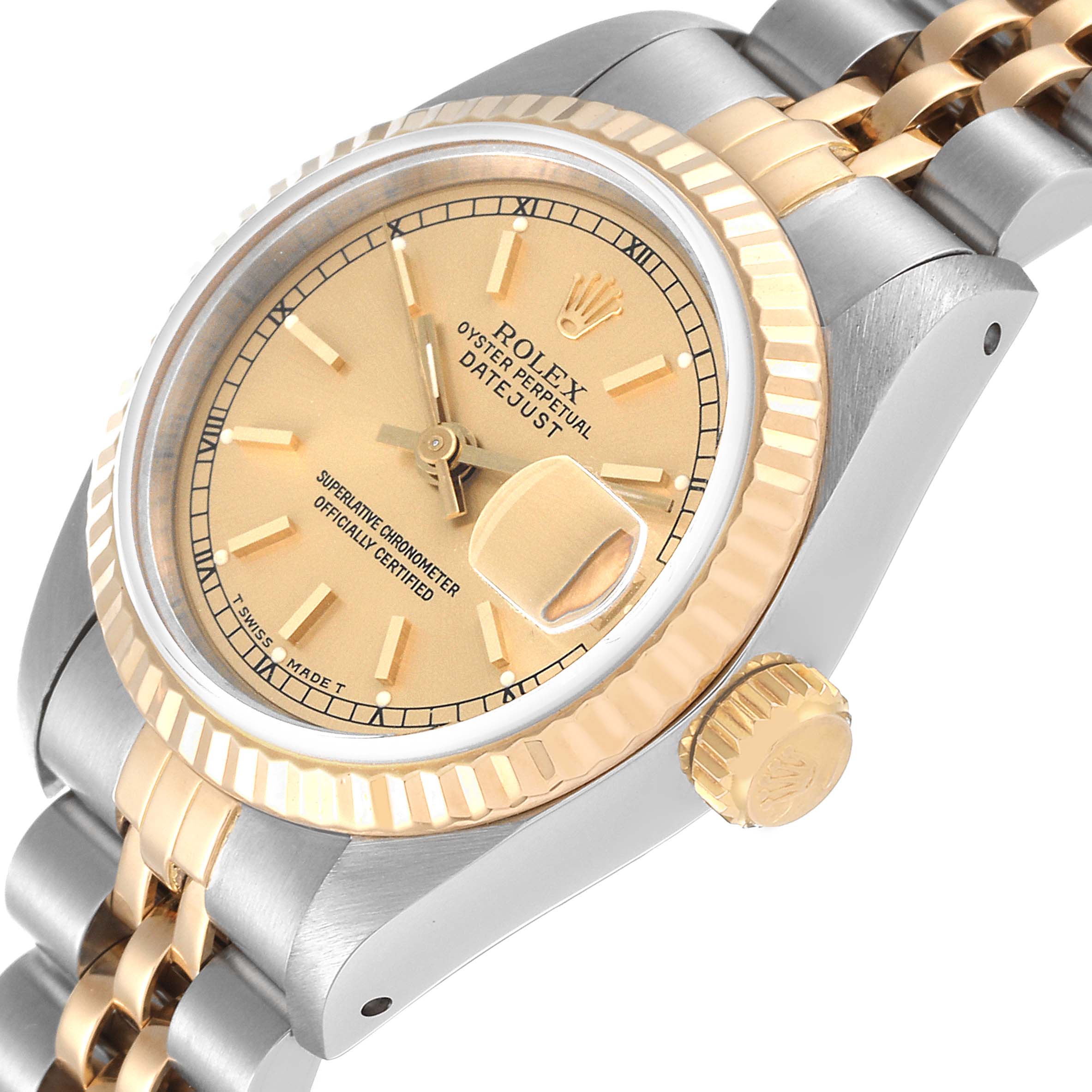 The image shows a close-up angle of the Rolex Datejust 69173 Women's Steel and Gold (two tone) Champagne Dial 69173 Women's Steel and Gold (two tone) Champagne Dial watch, highlighting its bezel, dial, crown, and partial bracelet.