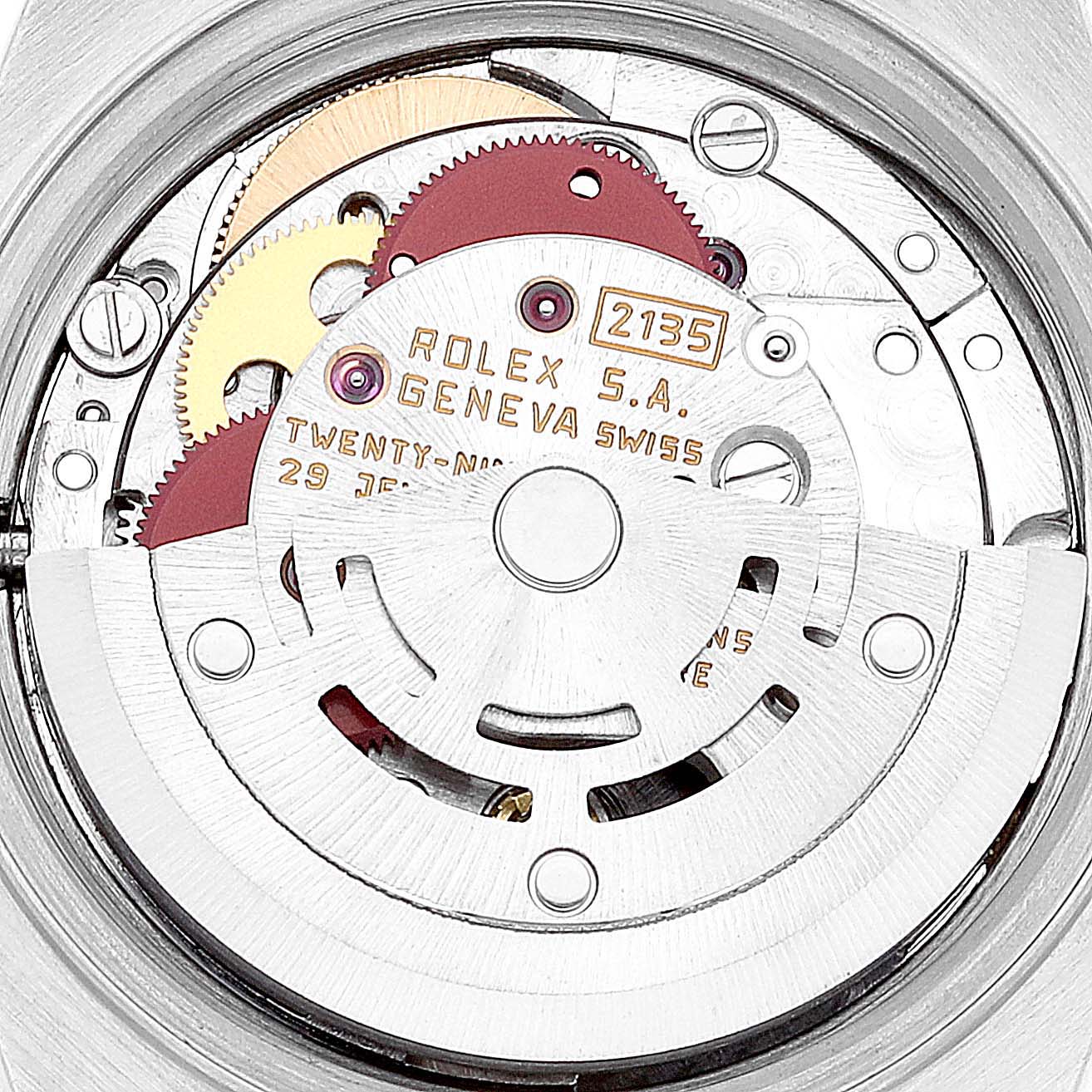 This image shows the internal mechanical movement of a Rolex Datejust 69173 Women's Steel and Gold (two tone) Champagne Dial 69173 Women's Steel and Gold (two tone) Champagne Dial watch from a top-down angle.