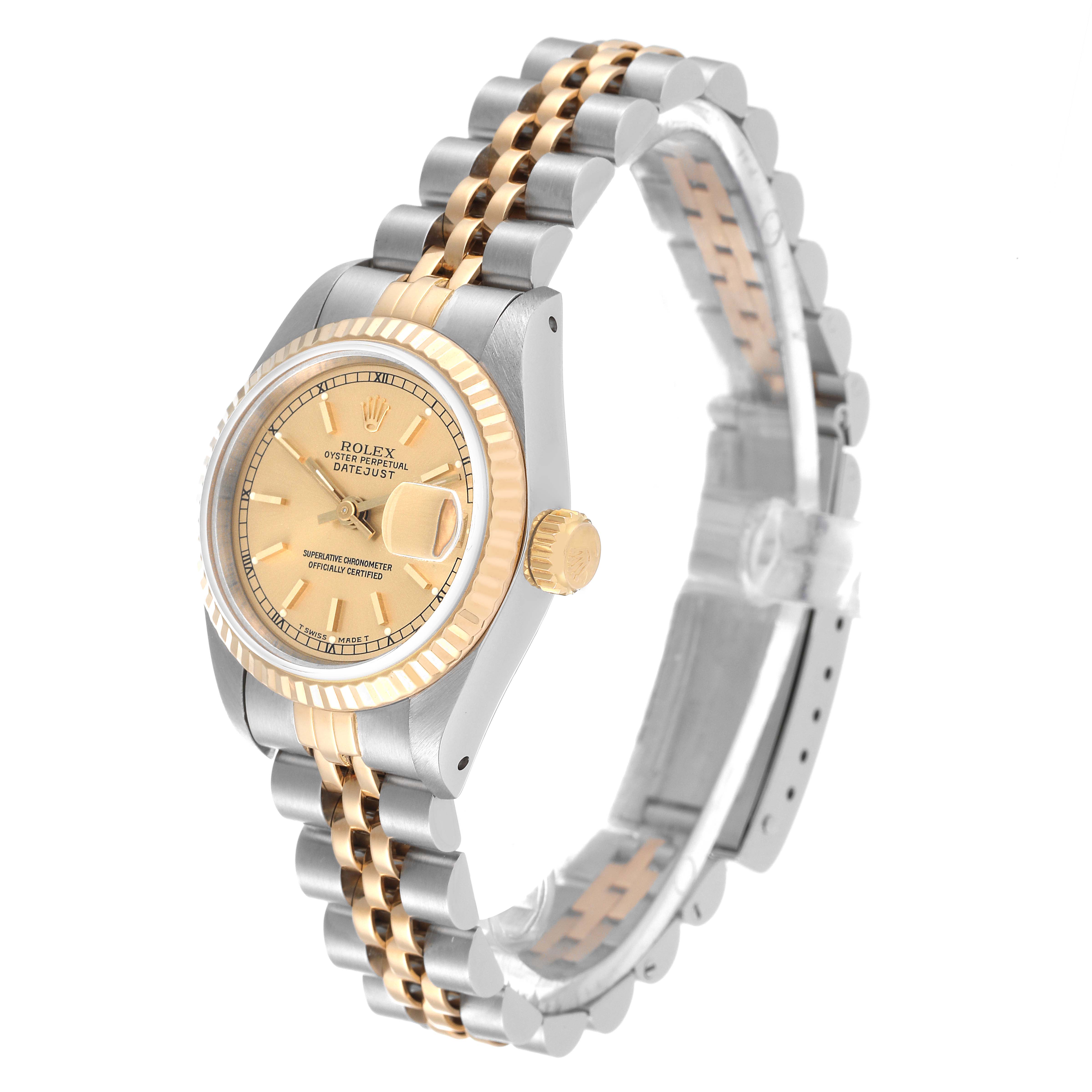 This image shows a Rolex Datejust 69173 Women's Steel and Gold (two tone) Champagne Dial 69173 Women's Steel and Gold (two tone) Champagne Dial watch at a slight angle, highlighting the dial, bezel, crown, and two-tone bracelet.