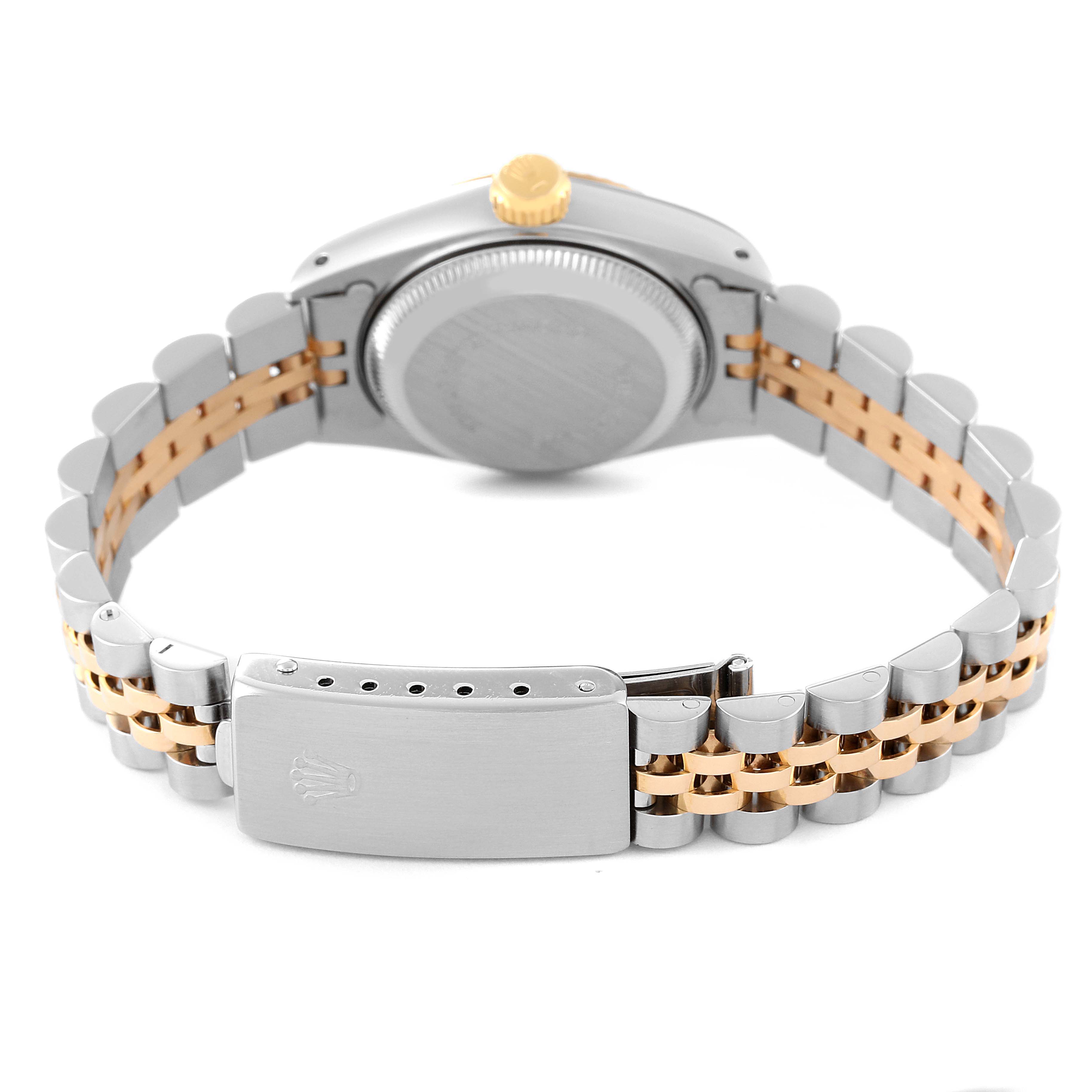 The image shows the back of a Rolex Datejust 69173 Women's Steel and Gold (two tone) Champagne Dial 69173 Women's Steel and Gold (two tone) Champagne Dial watch with its two-tone Jubilee bracelet and clasp.