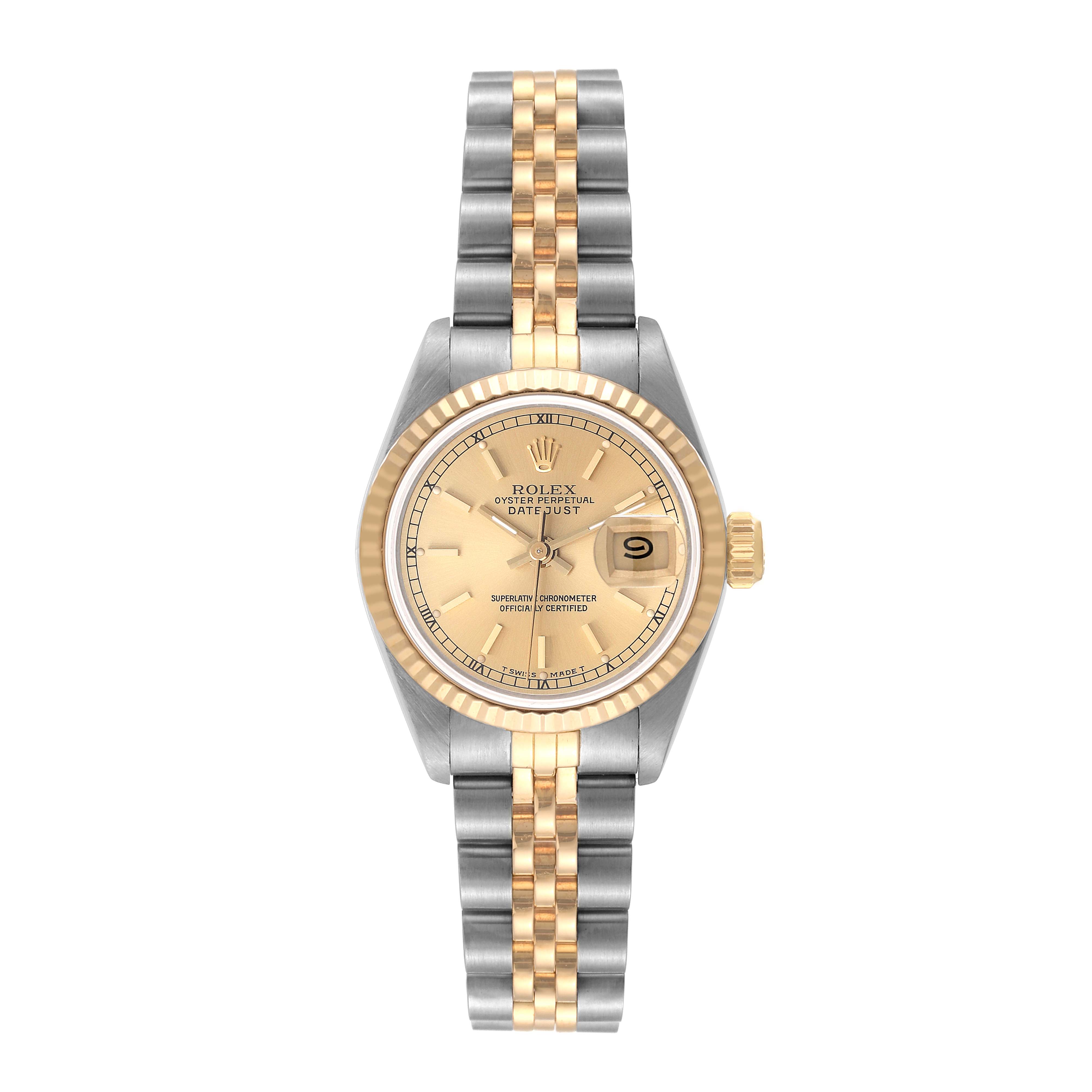This image shows a Rolex Datejust 69173 Women's Steel and Gold (two tone) Champagne Dial 69173 Women's Steel and Gold (two tone) Champagne Dial watch from a front angle, highlighting its two-tone bracelet, fluted bezel, and date display.