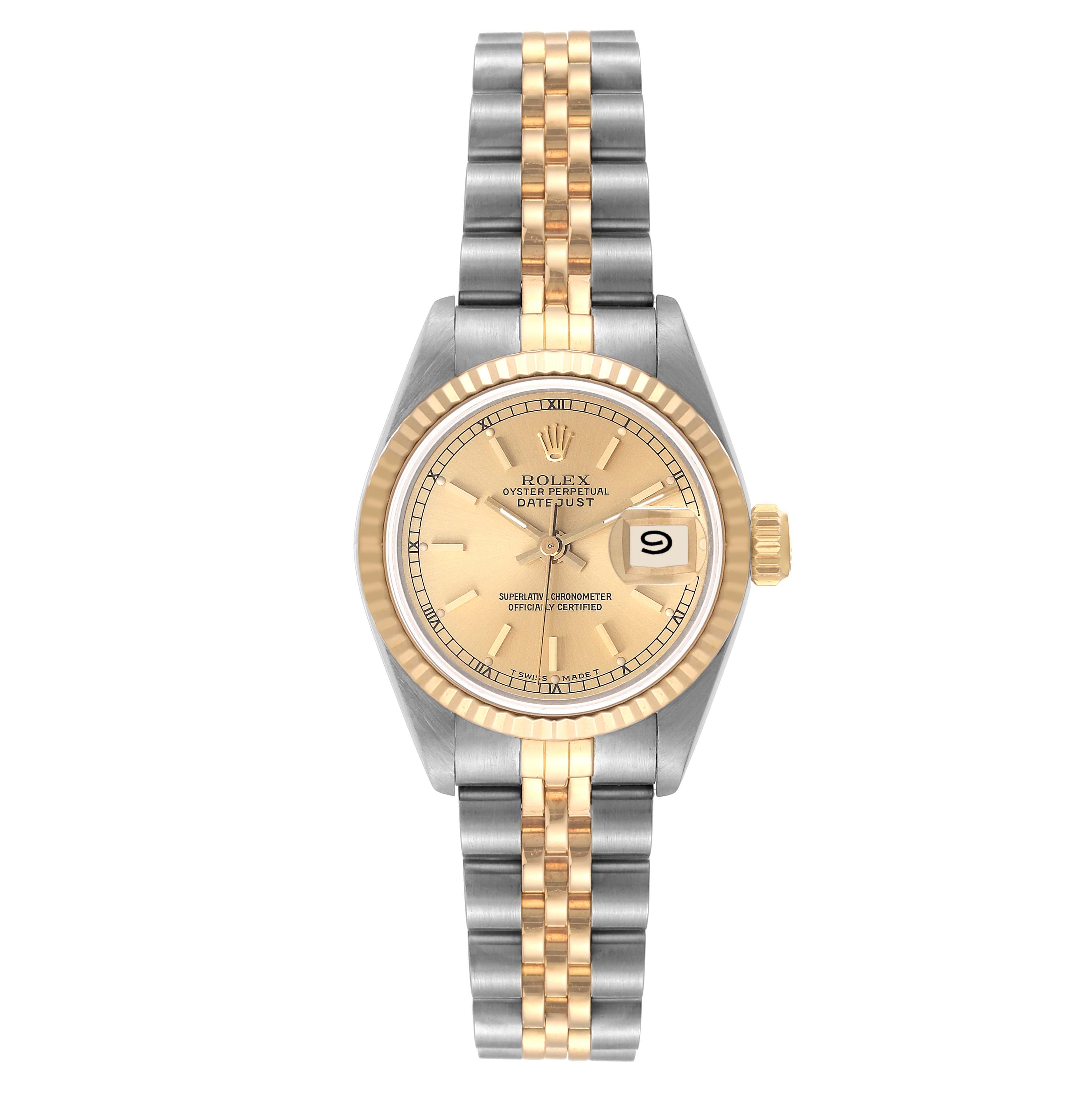 This is a Rolex Datejust 69173 Women's Steel and Gold (two tone) Champagne Dial 69173 Women's Steel and Gold (two tone) Champagne Dial watch, shown from a top-down angle featuring the dial, bezel, and bracelet.