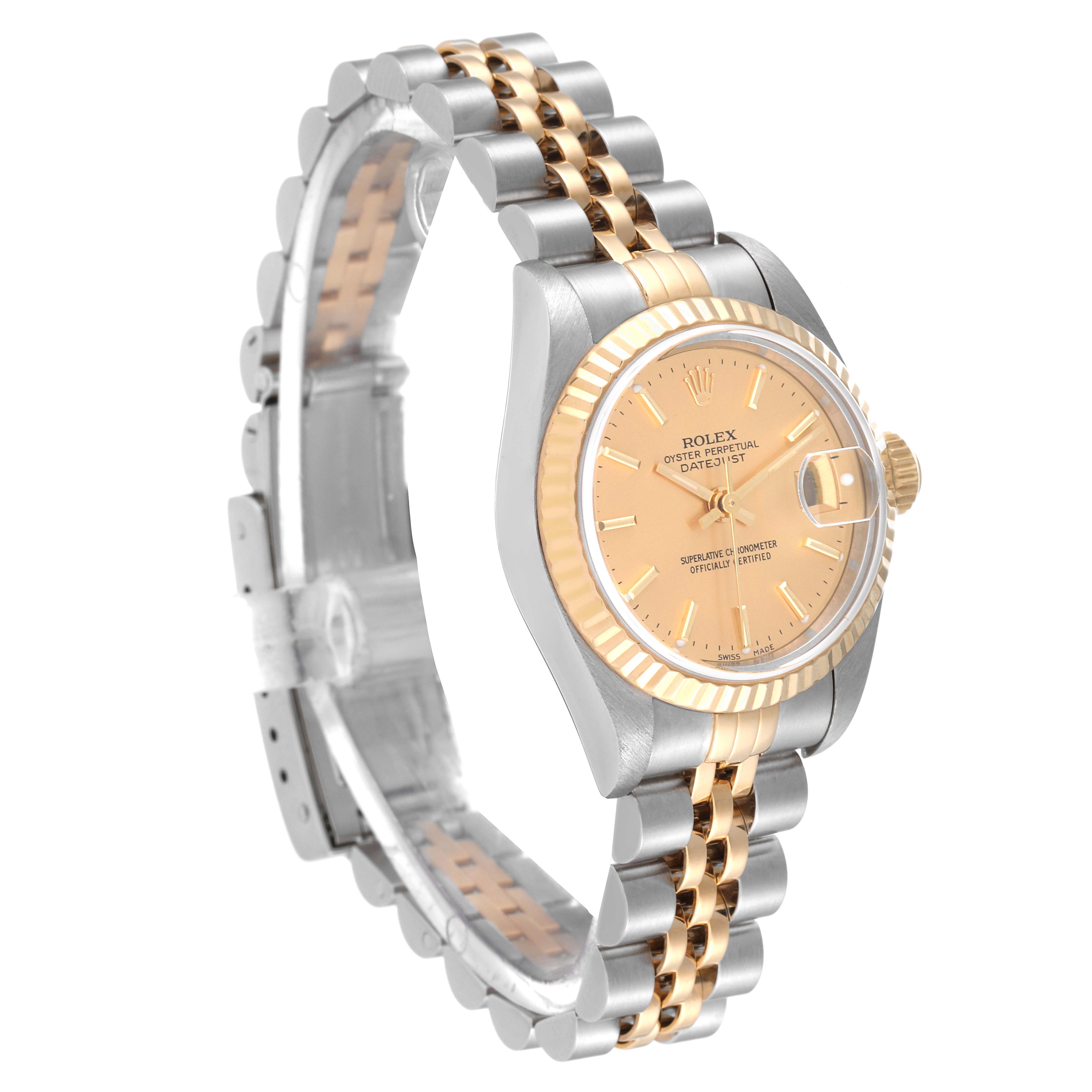 This image shows a Rolex Datejust 79173 Women's Steel and Gold (two tone) Champagne Dial 79173 Women's Steel and Gold (two tone) Champagne Dial watch at a three-quarter angle, highlighting the face, bezel, crown, and bracelet.