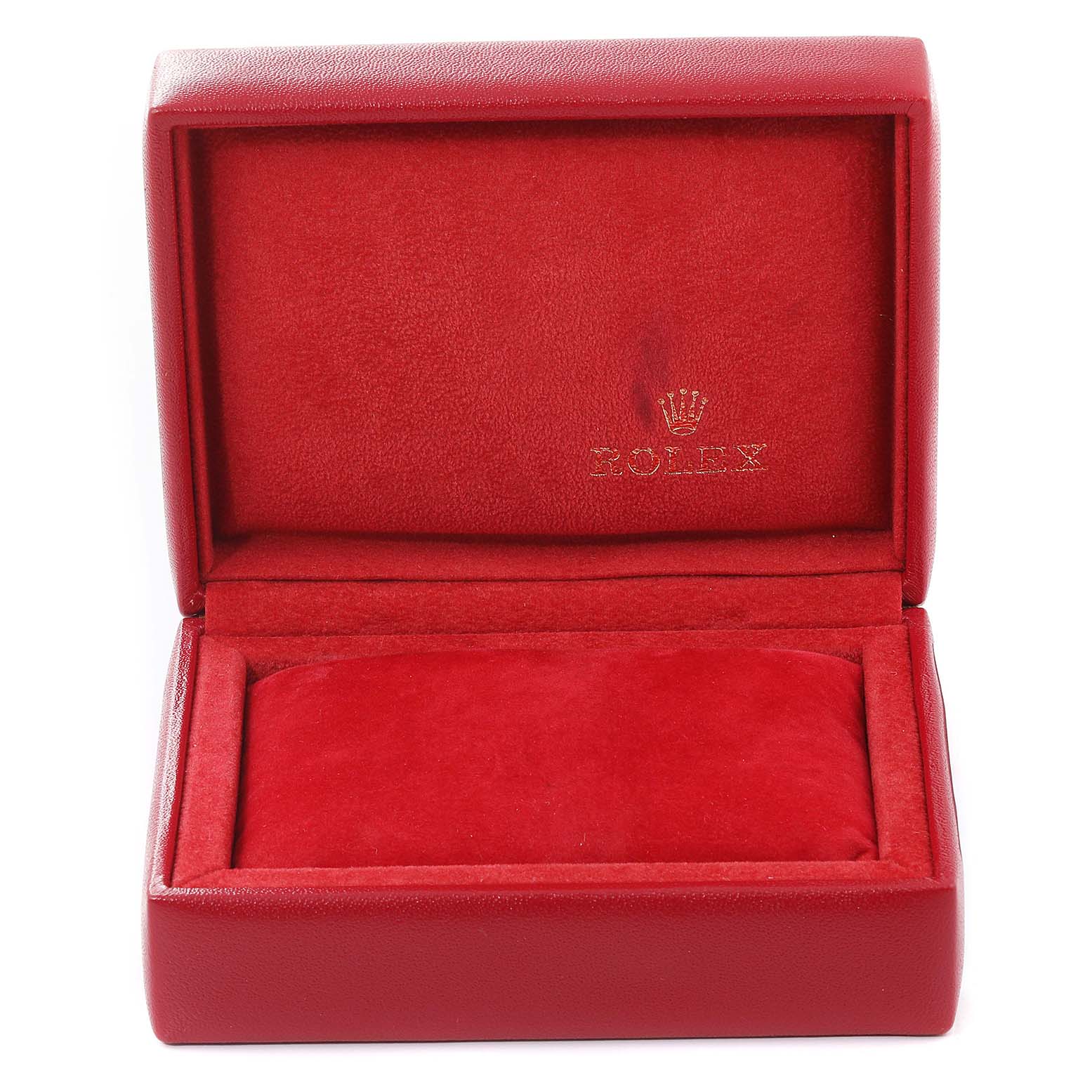 The image shows an open red Rolex Datejust 79173 Women's Steel and Gold (two tone) Champagne Dial 79173 Women's Steel and Gold (two tone) Champagne Dial watch case with the Rolex logo inside.