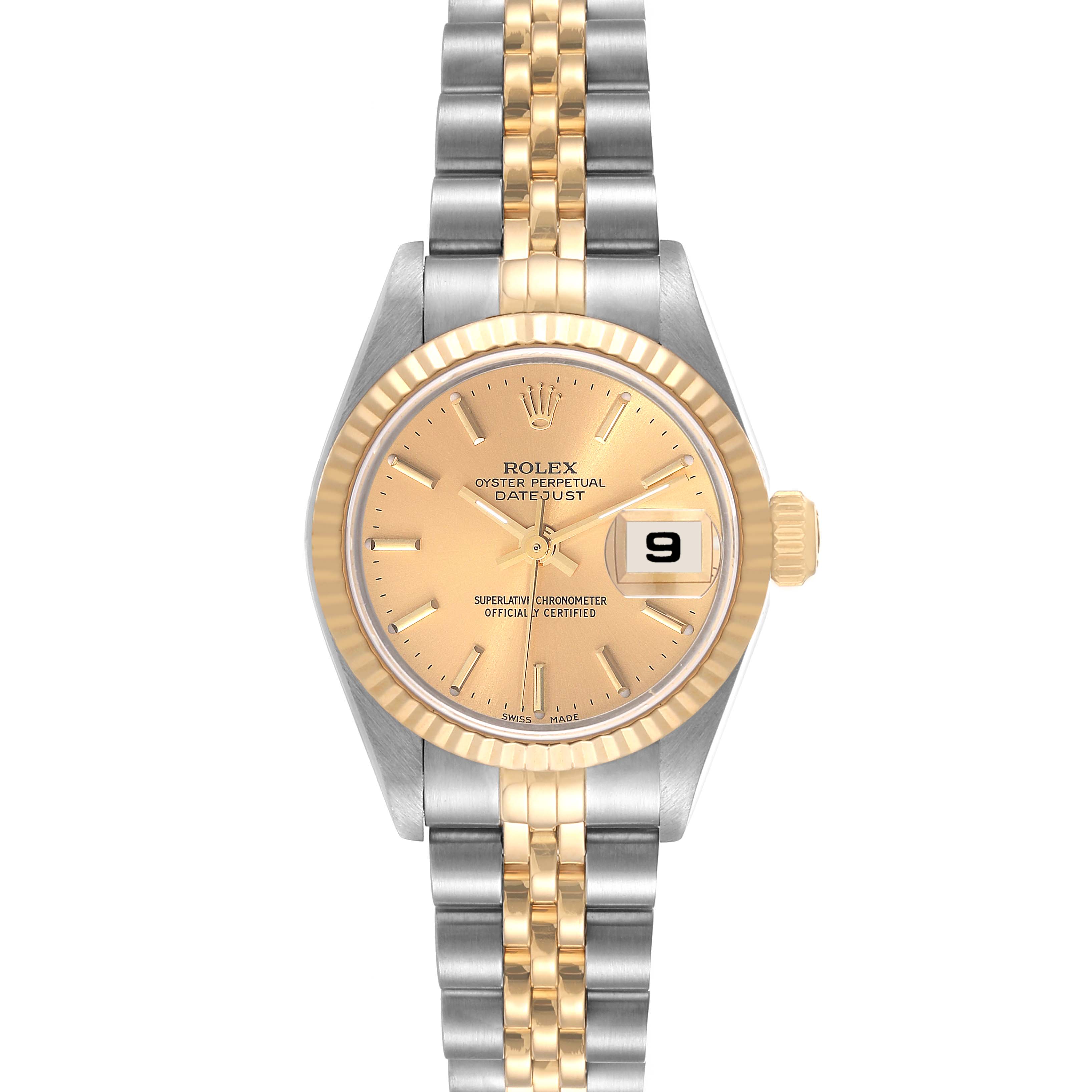 This image shows the front view of a Rolex Datejust 79173 Women's Steel and Gold (two tone) Champagne Dial 79173 Women's Steel and Gold (two tone) Champagne Dial watch, highlighting its face, bezel, crown, and two-tone bracelet.