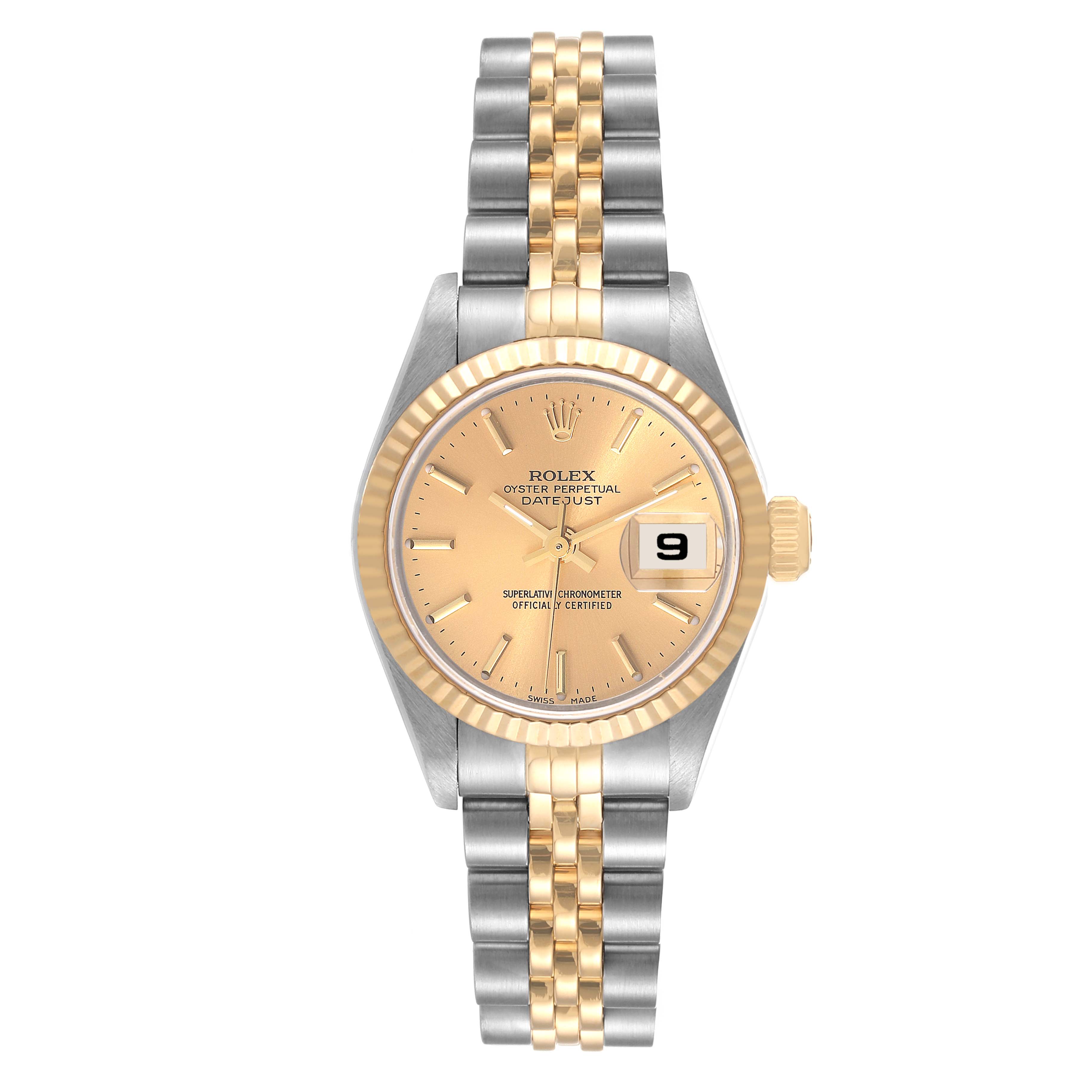 This image shows a front view of a Rolex Datejust 79173 Women's Steel and Gold (two tone) Champagne Dial 79173 Women's Steel and Gold (two tone) Champagne Dial watch with a champagne dial, date display, and two-tone bracelet.