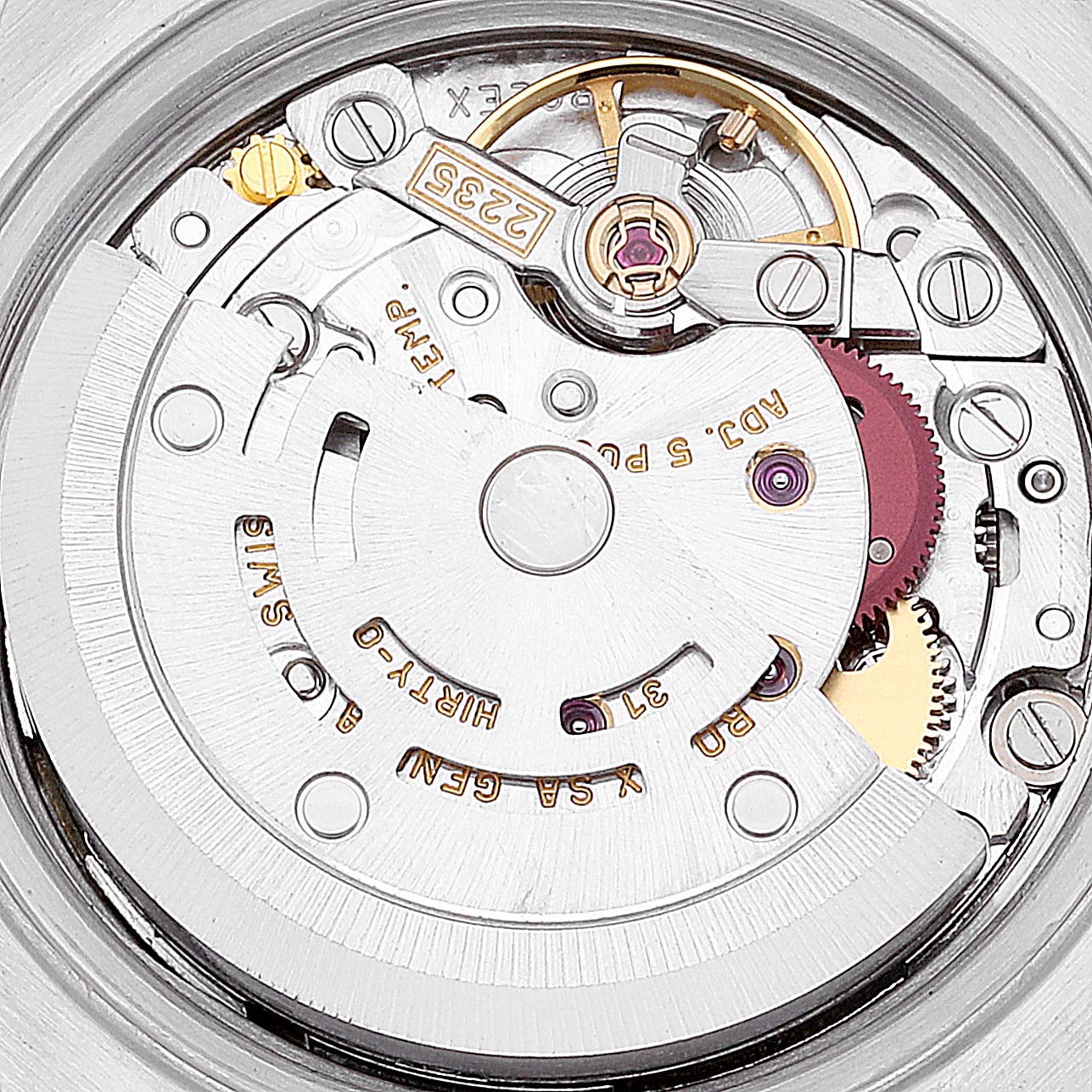 This image shows the inner mechanics and movement of a Rolex Datejust 79173 Women's Steel and Gold (two tone) Champagne Dial 79173 Women's Steel and Gold (two tone) Champagne Dial watch from a top-down angle.