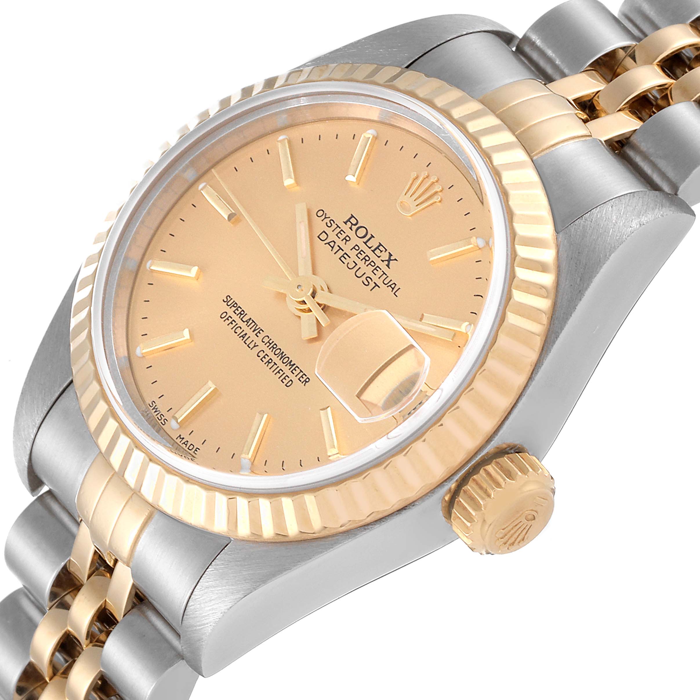 The image shows a close-up, side angle of the Rolex Datejust 79173 Women's Steel and Gold (two tone) Champagne Dial 79173 Women's Steel and Gold (two tone) Champagne Dial watch, highlighting the bezel, dial, crown, and part of the bracelet.