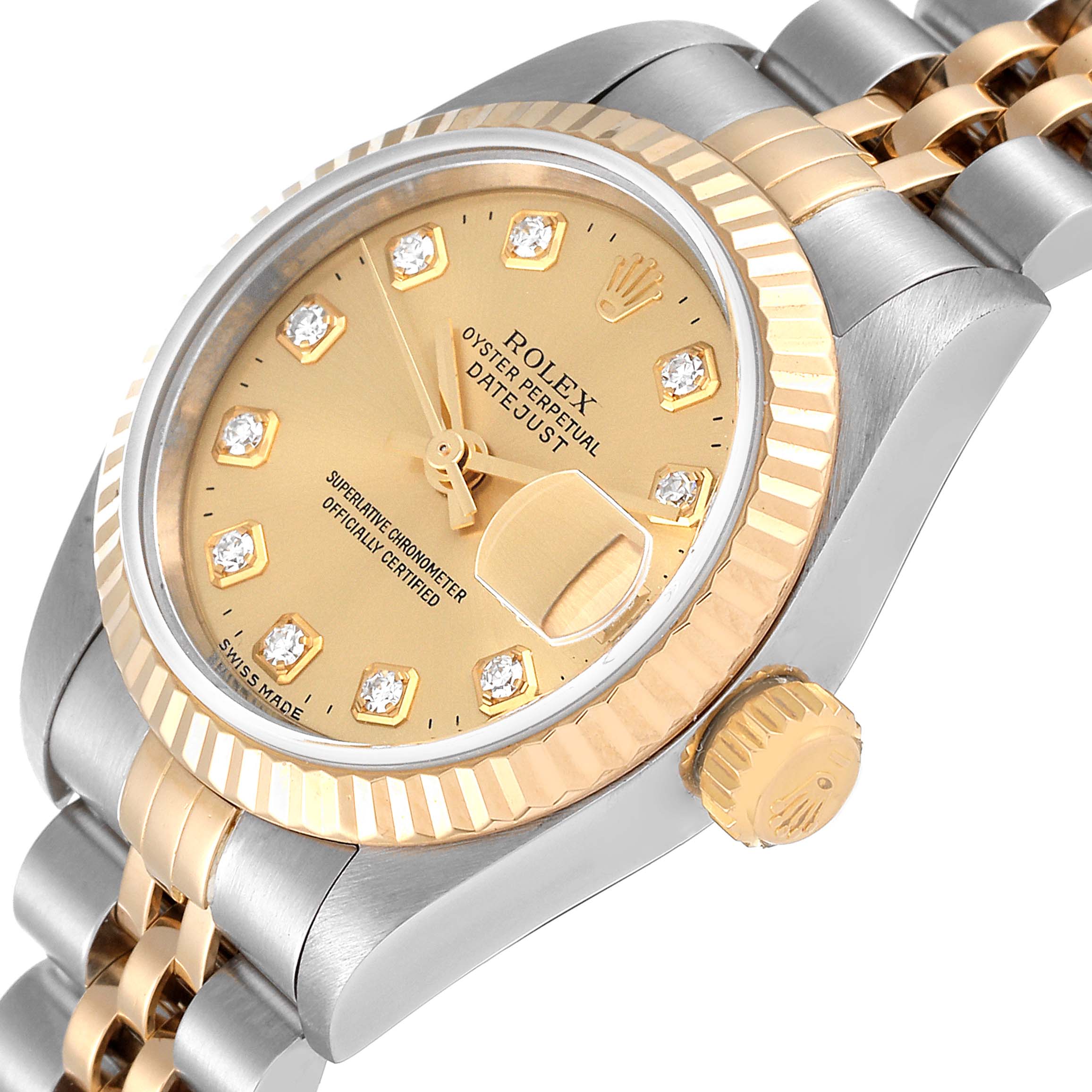 The image shows a close-up of a Rolex Datejust 79173 Women's Steel and Gold (two tone) Champagne Dial 79173 Women's Steel and Gold (two tone) Champagne Dial model watch, highlighting the dial, bezel, and part of the bracelet.
