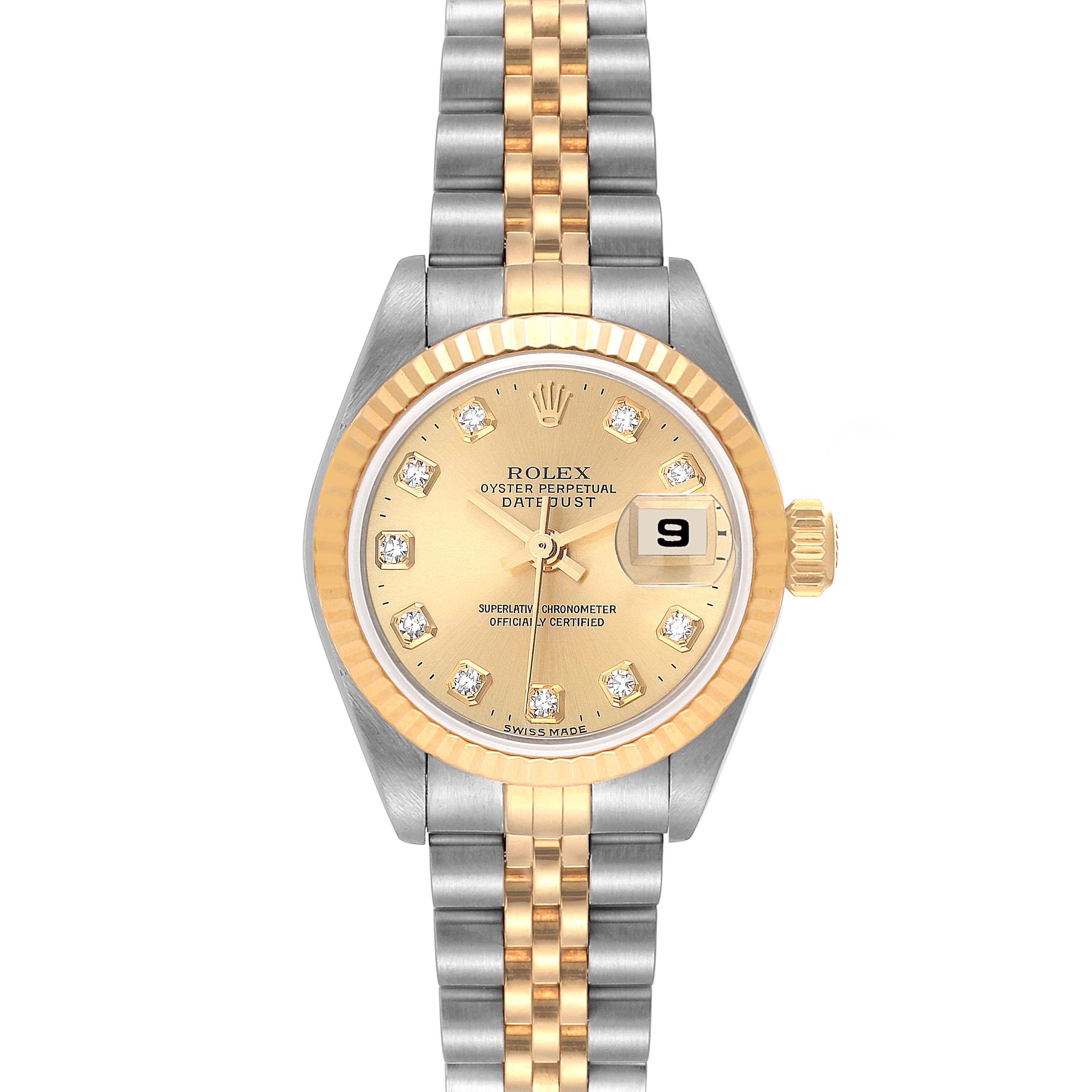 A Rolex Datejust 79173 Women's Steel and Gold (two tone) Champagne Dial 79173 Women's Steel and Gold (two tone) Champagne Dial watch shown from the front, featuring a gold and silver bracelet and a gold dial with diamond hour markers.