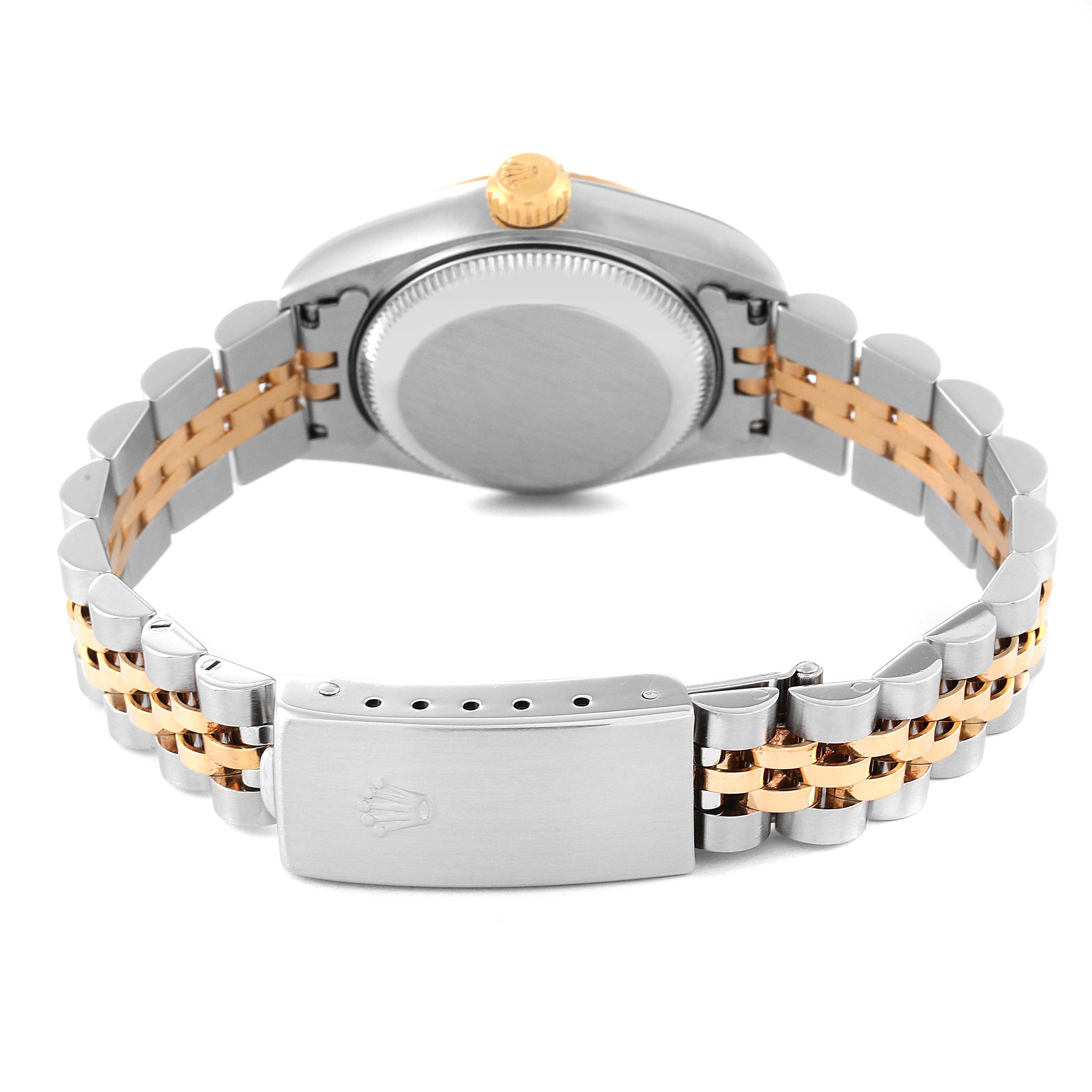 This image shows the back side of a Rolex Datejust 79173 Women's Steel and Gold (two tone) Champagne Dial 79173 Women's Steel and Gold (two tone) Champagne Dial watch, highlighting the clasp, case back, and bracelet.