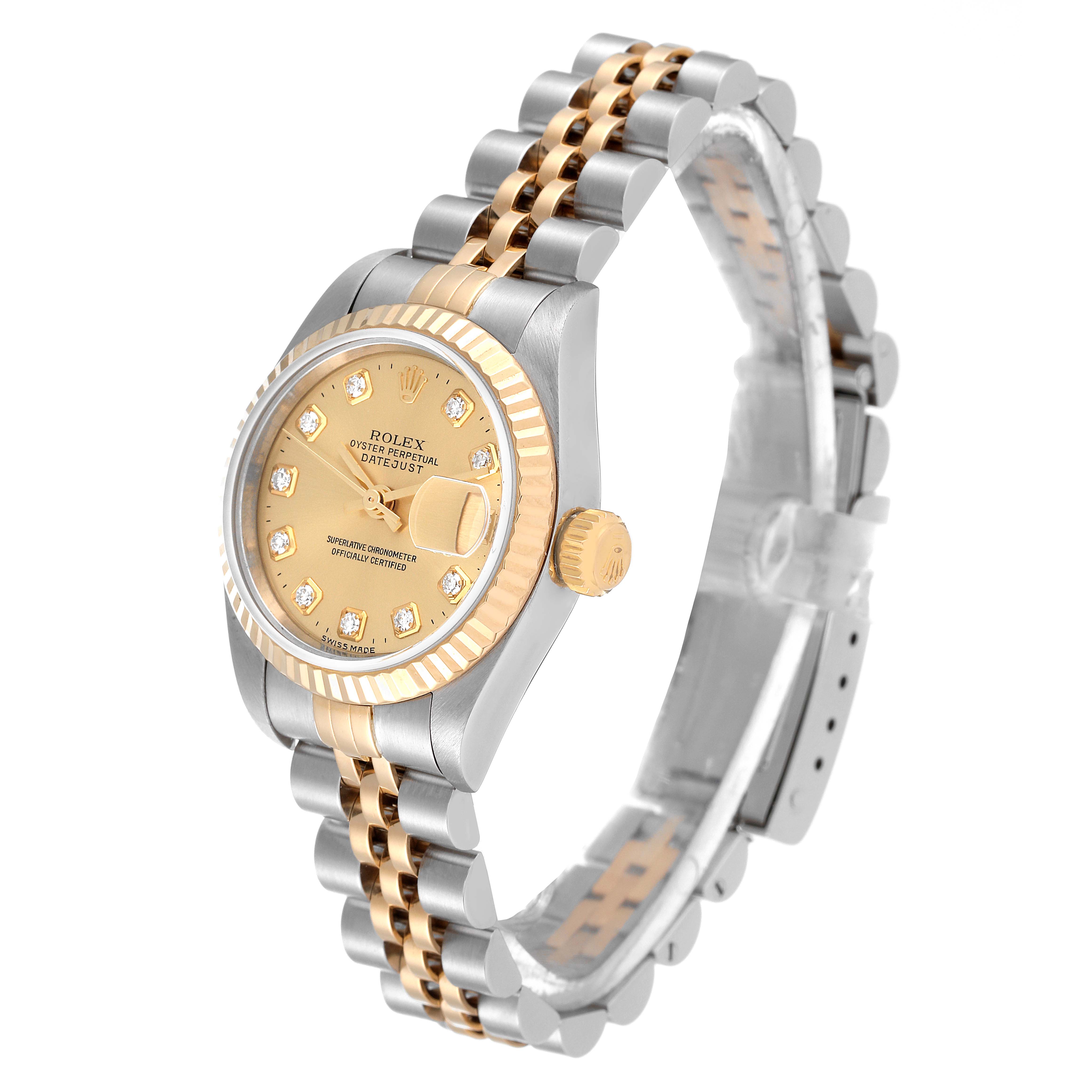 This image shows a side angle of the Rolex Datejust 79173 Women's Steel and Gold (two tone) Champagne Dial 79173 Women's Steel and Gold (two tone) Champagne Dial watch, highlighting its gold dial, fluted bezel, and two-tone bracelet.