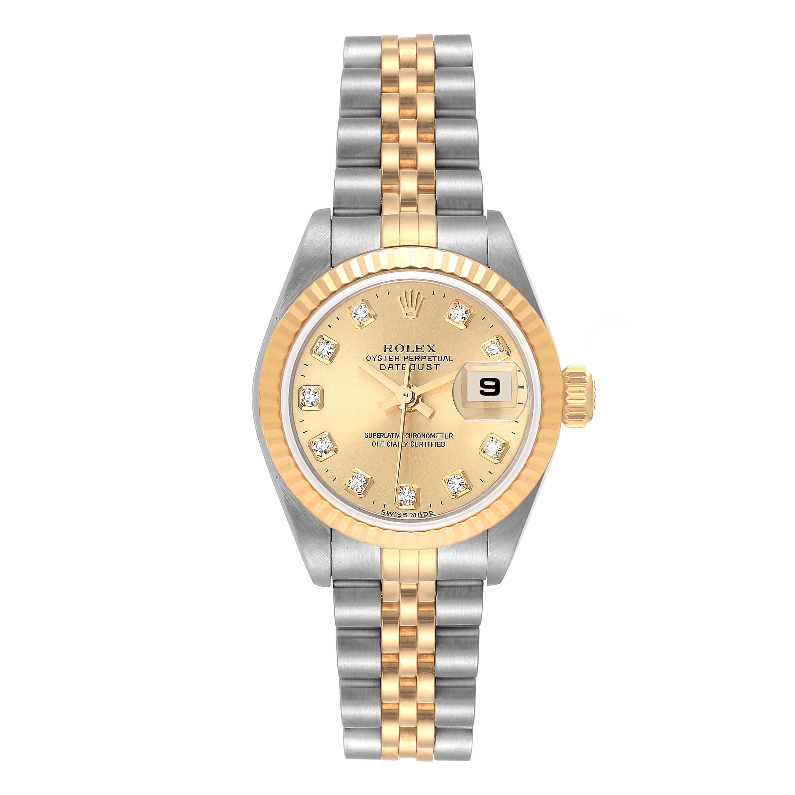 The image shows a Rolex Datejust 79173 Women's Steel and Gold (two tone) Champagne Dial 79173 Women's Steel and Gold (two tone) Champagne Dial watch from a front view, featuring a gold bezel, champagne dial, and two-tone bracelet.