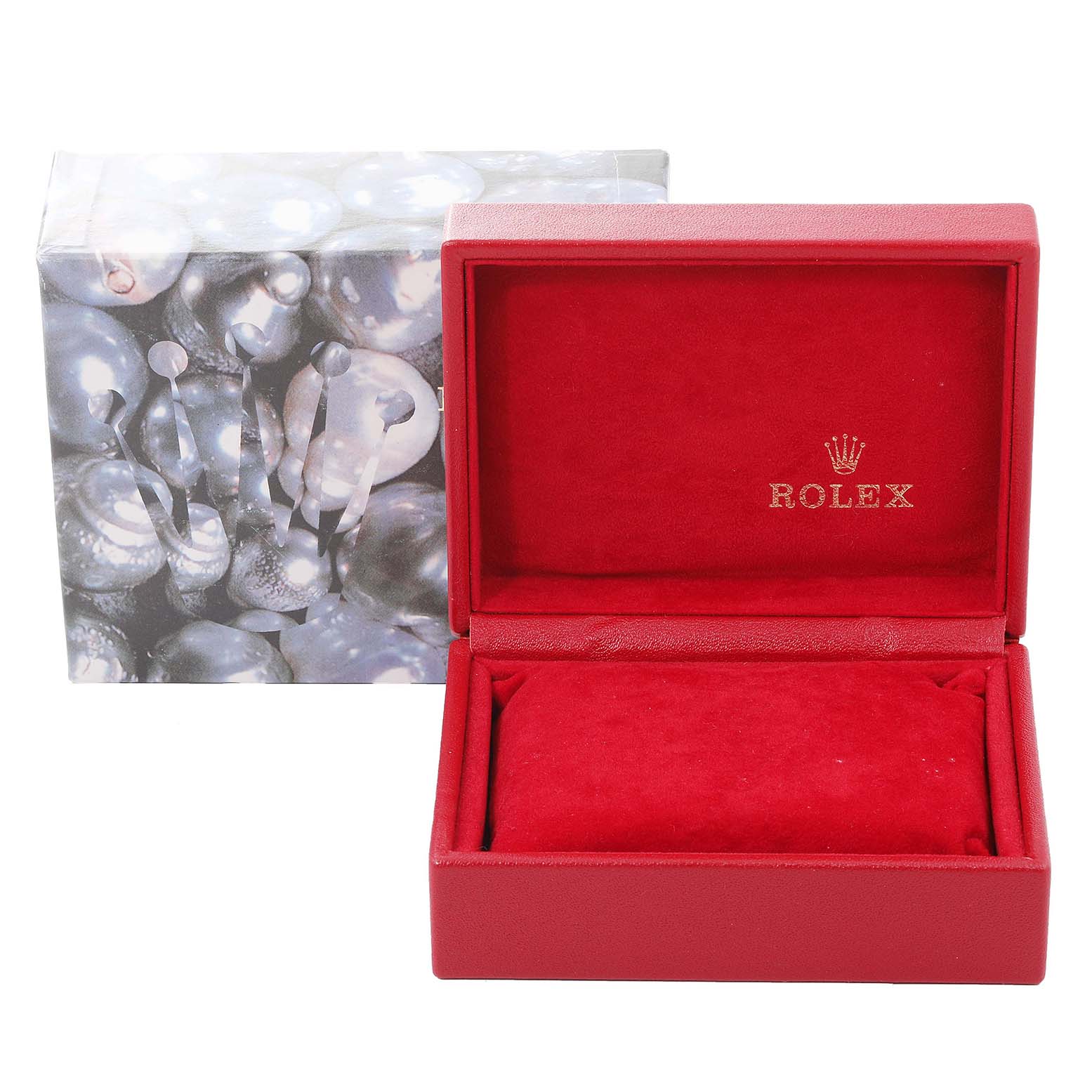 The image shows a red Rolex Datejust 79173 Women's Steel and Gold (two tone) Champagne Dial 79173 Women's Steel and Gold (two tone) Champagne Dial watch box with the lid open, and a patterned outer box behind it.