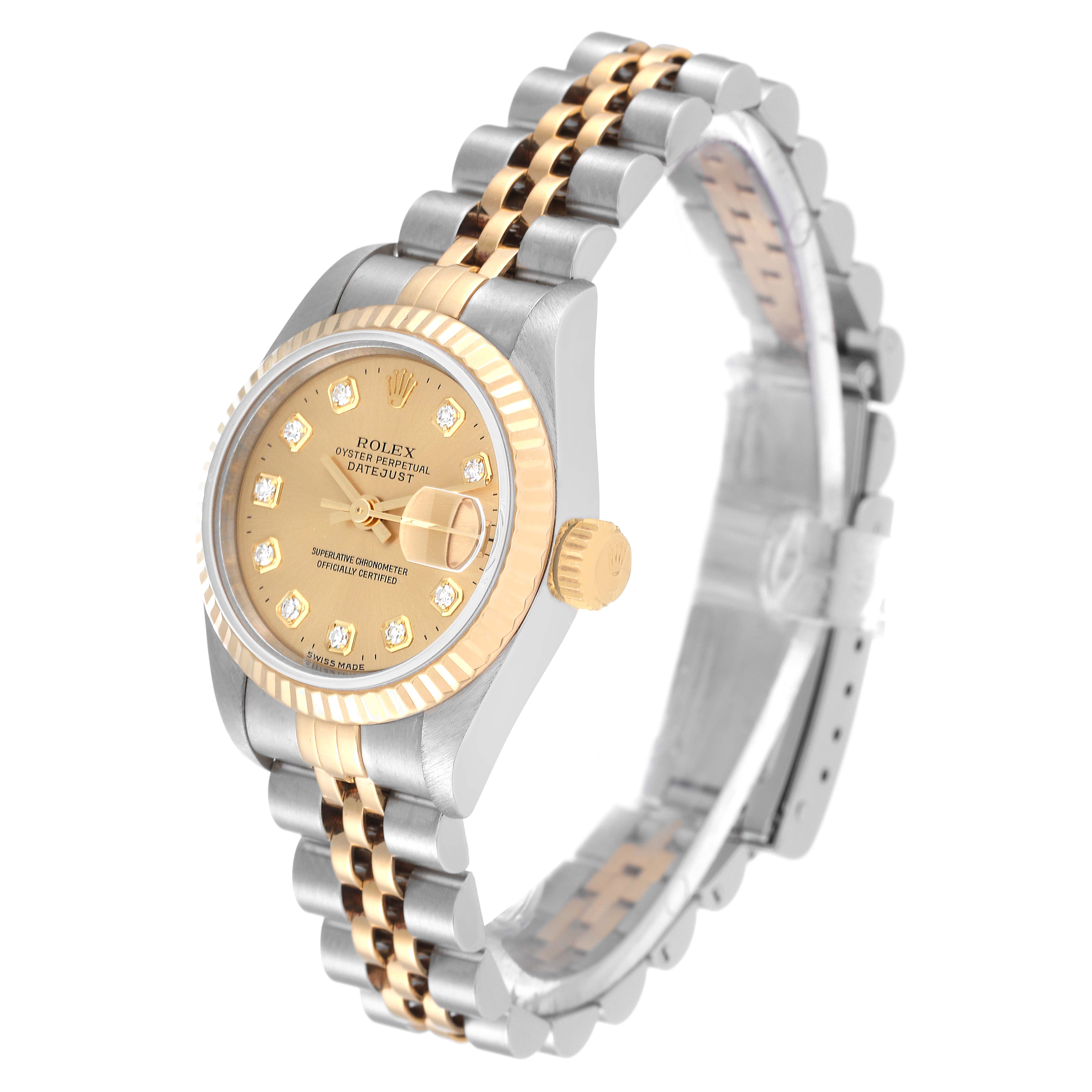 The image shows a Rolex Datejust 69173 Women's Steel and Gold (two tone) Champagne Dial 69173 Women's Steel and Gold (two tone) Champagne Dial watch at a three-quarter angle, highlighting the dial, bezel, crown, and bracelet.