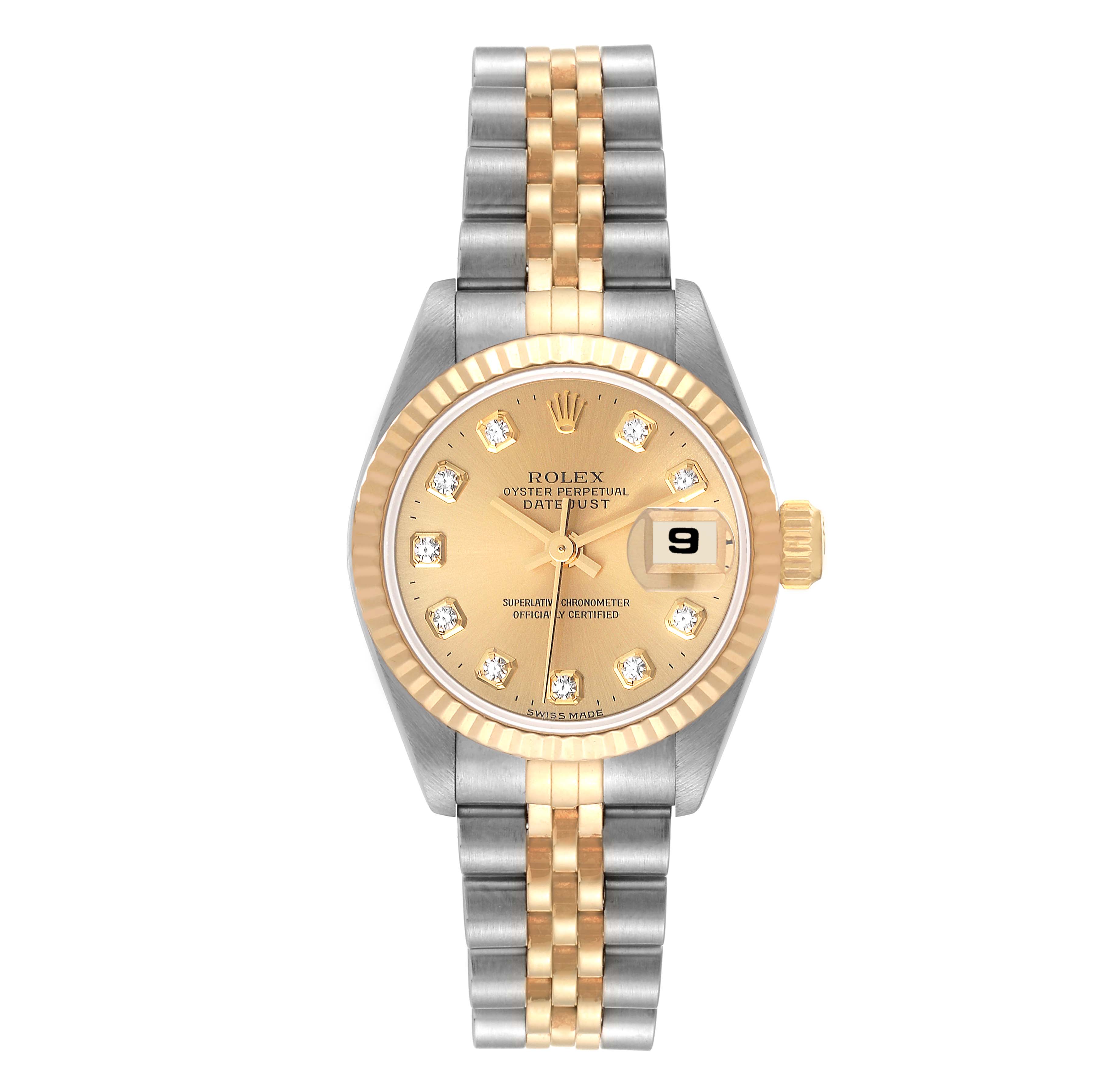 The image shows a front view of the Rolex Datejust 69173 Women's Steel and Gold (two tone) Champagne Dial 69173 Women's Steel and Gold (two tone) Champagne Dial watch displaying its dial, bezel, crown, and bracelet.